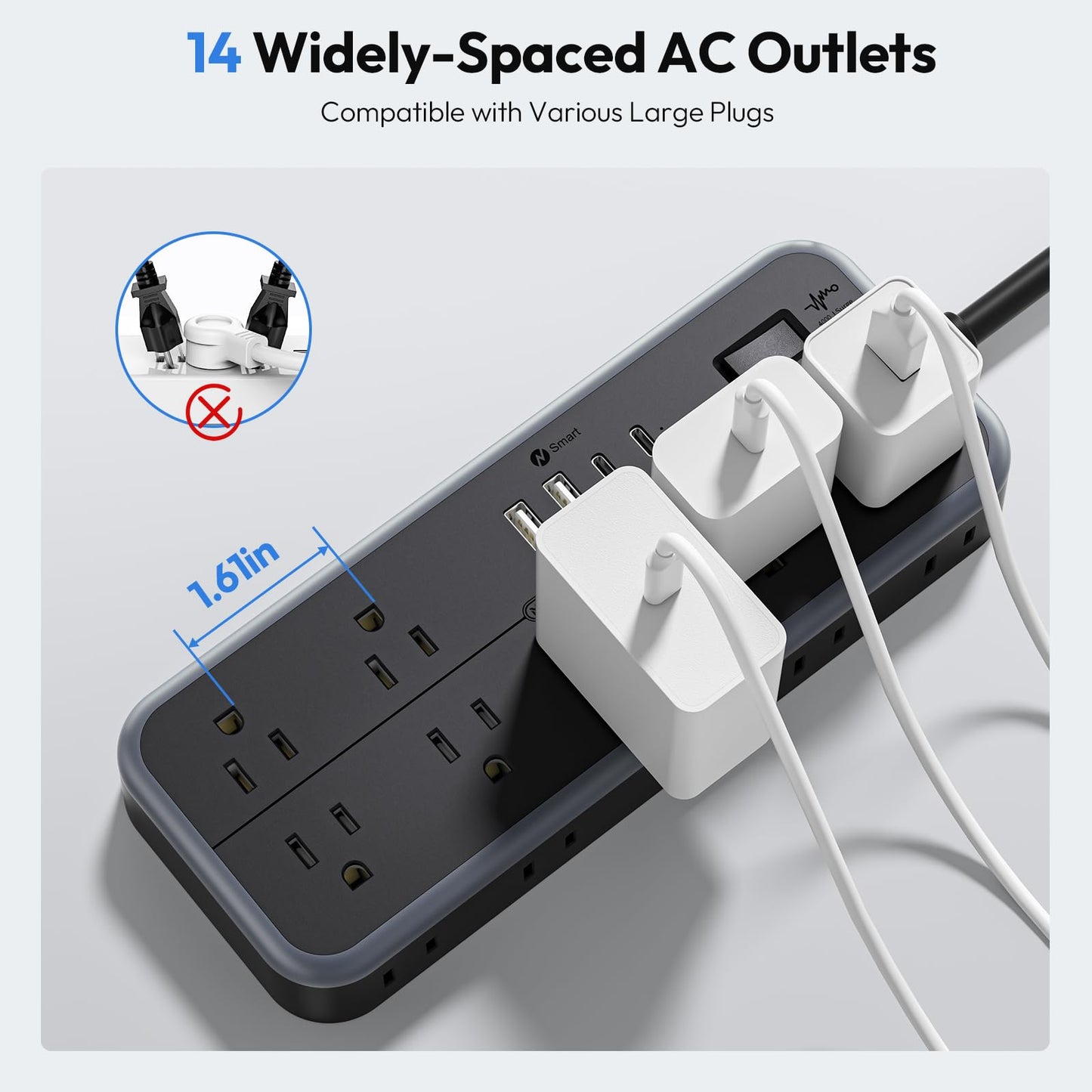 NTONPOWER Extension Cord 25 Ft with Multiple Outlets(14 Outlets & 4 USB), 1875W/2700J Power Strips with Surge Protection, 15A Long Extension Cord Surge Protector for Home, Office, Garage(Black)