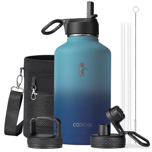 Coolflask Half Gallon Water Bottle Insulated with Straw & 3 Lids, 64 oz Water Jug Large Metal Stainless Steel Wide Mouth for Sports, Gym or Office, Non-BPA Keep Cold 48H Hot 24H, Indigo Blue