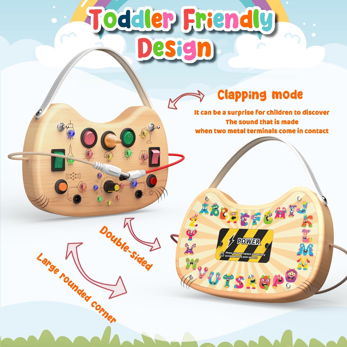 Busy Board with LED Light Switches,Toddlers Montessori Travel Toys for 1 2 3 Years Olds,Wooden Autism Activity Busy Board,Portable Sensory Switch Board toys 1+ Year Old Boy&Girl Birthday Gift