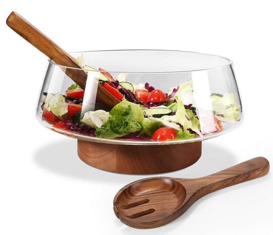 Airsent Glass Salad Bowl Set with Wood Base Servers, Extra Large Hand Blown Salad Bowls Kitchen Must Haves, Big Serving Bowl Elegance Trifle Bowl Glass, Wooden Kitchen Utensils for Party