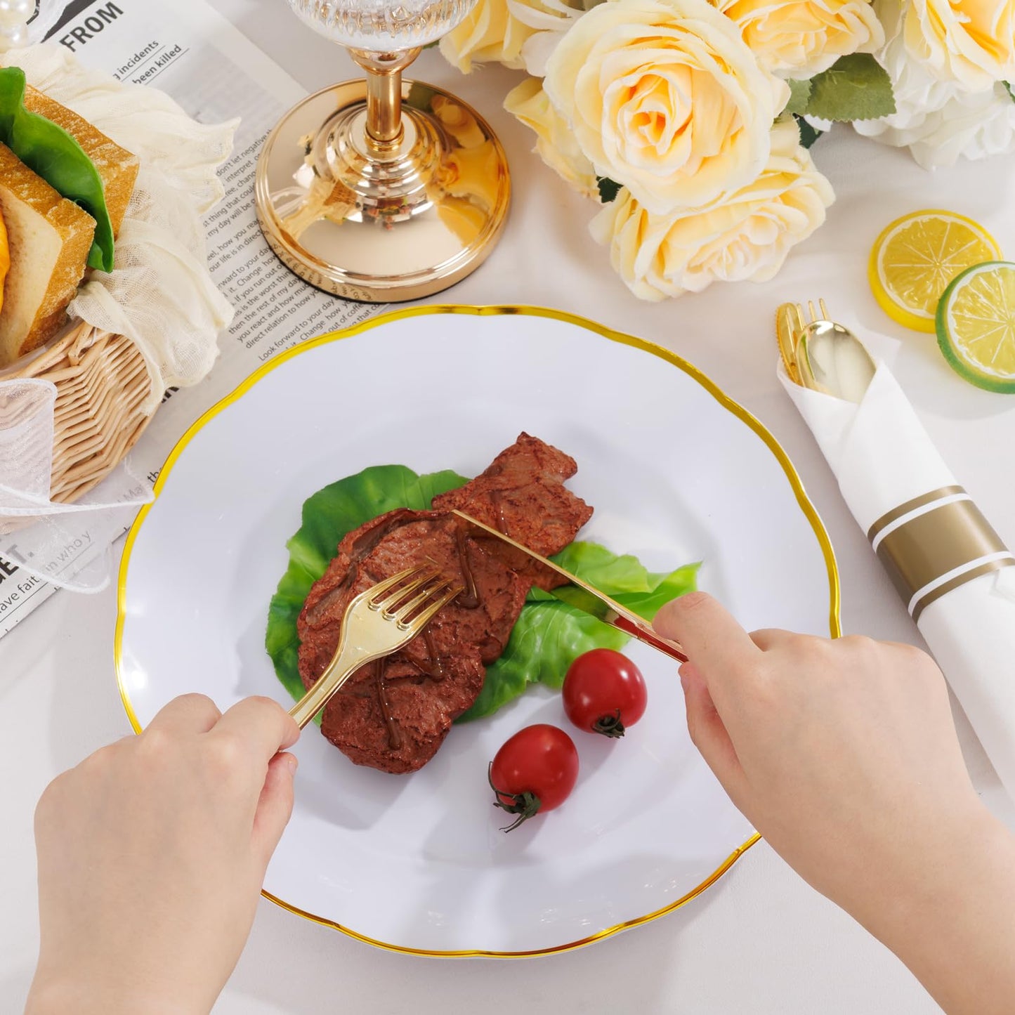 EI 120Pack Pre Rolled Gold Plastic Silverware,Wrapped Plastic Cutlery Set with Napkin,Disposable Silverware Set with Napkin, Gold Wrapped Silverware Perfect for Party/Birthday/Wedding