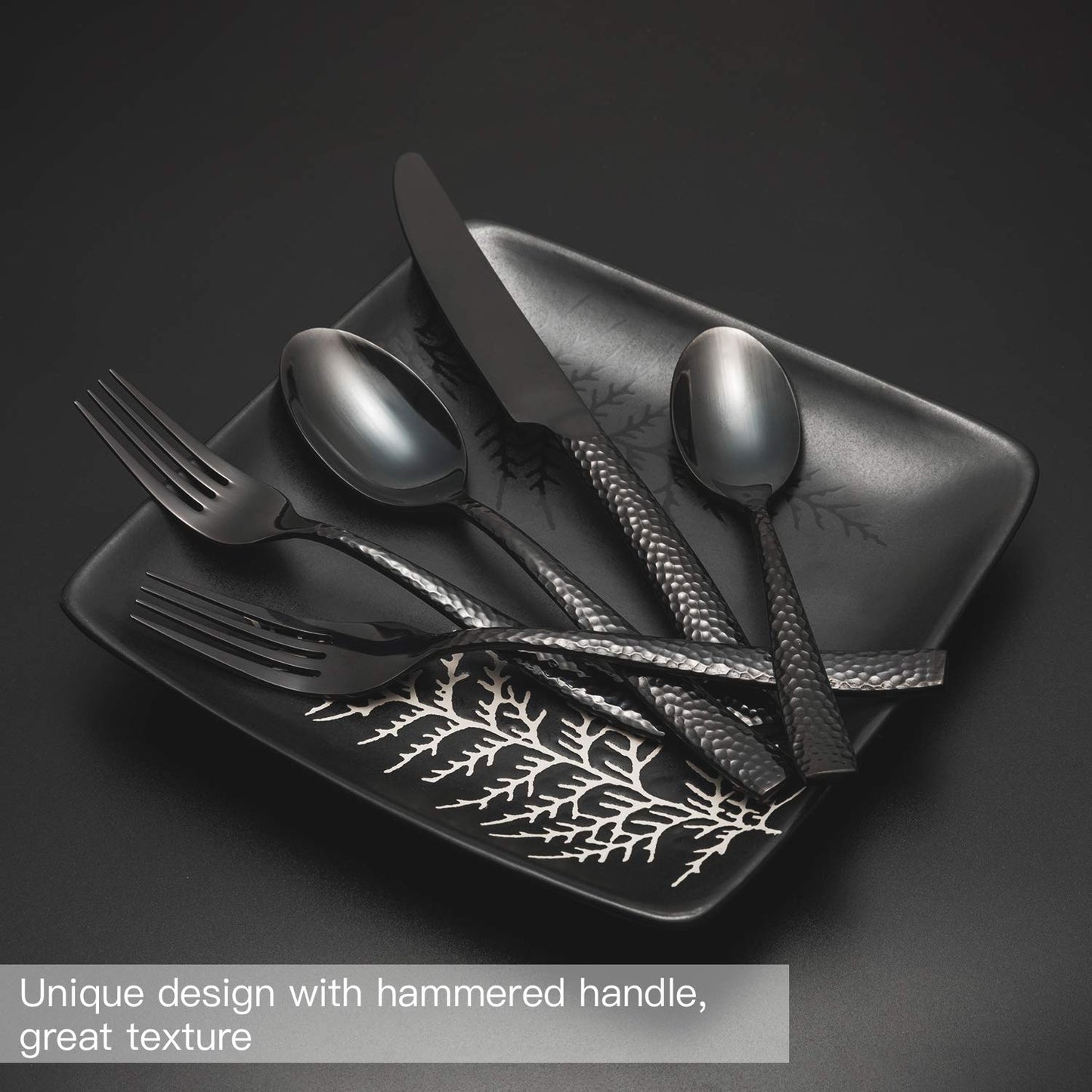 Kelenfer Flatware Set Silverware Set 20 Pieces Mirror Finished Black Stainless Steel Cutlery Set Forged with Hammered Handle Service for 4