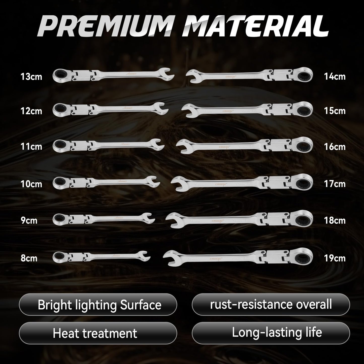DISEN 12pcs Ratchet Wrenches Set Double Jointed, Metric Flex Head Ratcheting Wrench Set 8-19mm, Open End & Box End Combination Wrench, 72-Teeth, Cr-V Steel, with Heavy Duty Case