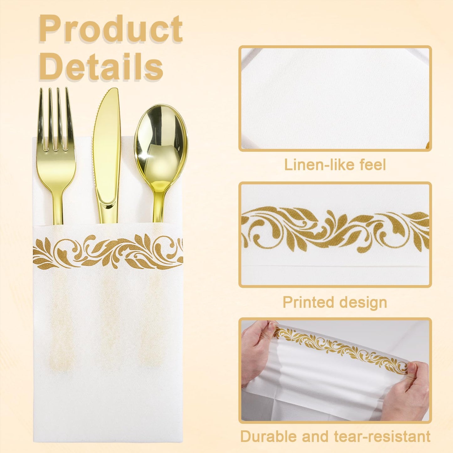 Goodluck 400 PCS Gold Plastic Silverware with Pocket Napkins for 100 Guests, Heavy Duty Disposable Cutlery Set & Linen Feel Napkins, Plastic Flatware with Guest Towels for Wedding, Party and Catering