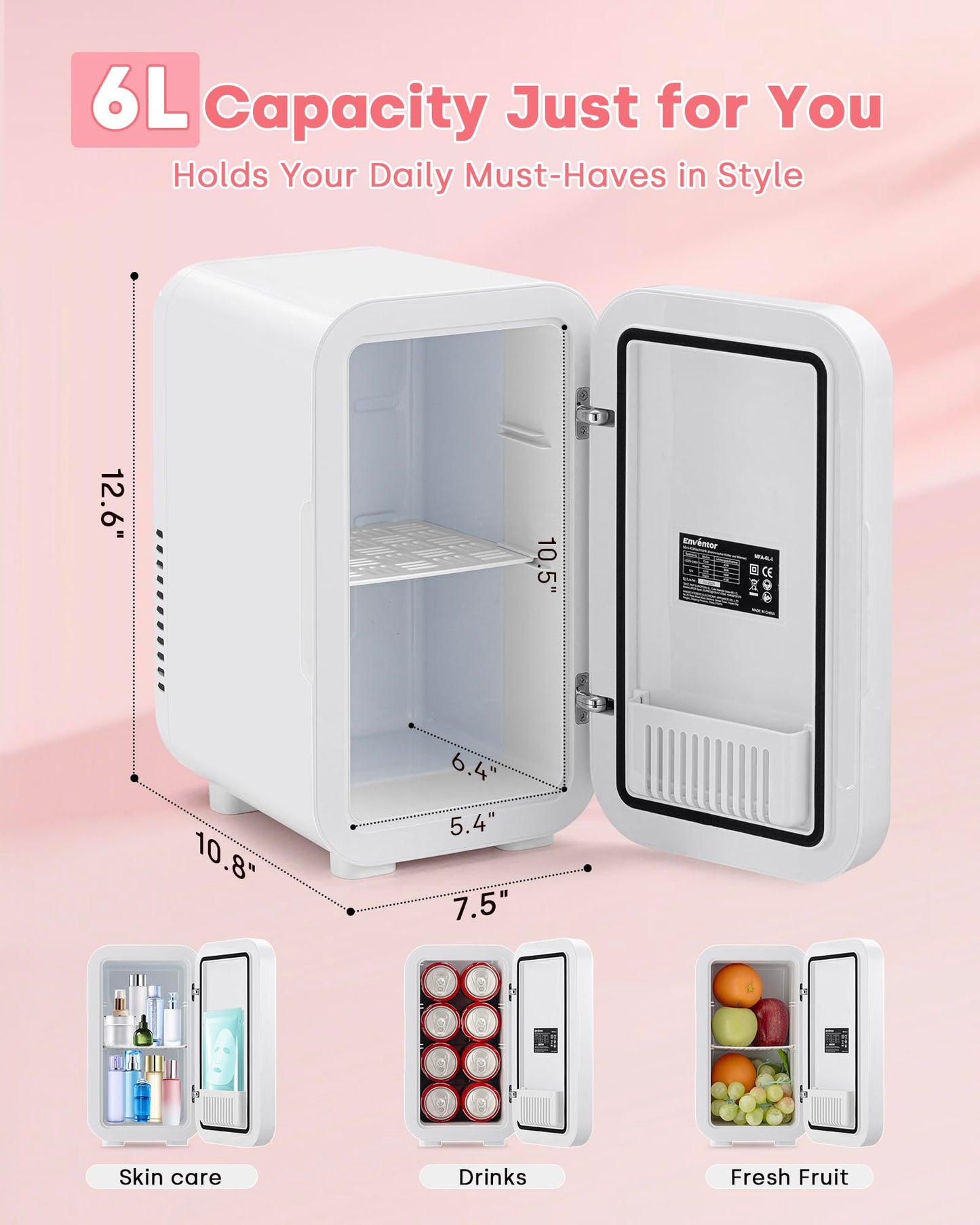Enventor Mini Skincare Fridge Small Refrigerator for Bedroom, Beauty Fridge for Makeup with Dimmable LED Mirror, 6 L / 8 Cans Compact Portable Cooler for College Dorm, Office, Car, White