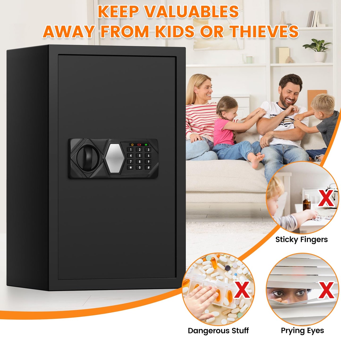3.8 Cub Large Fireproof Safe for Home Use, Digital Home Safes Water and Fireproof with Backup Keys and Alarm System, Anti-Theft Fire Proof Safe Box for Home Office