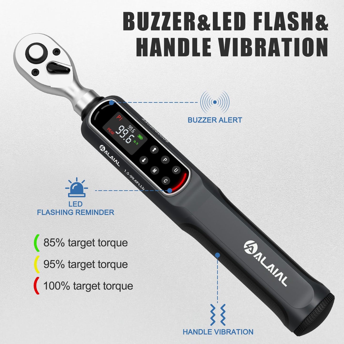 ALAIAL Digital Torque Wrench 3/8 Drive, 1.5-99.6Ft.Lb/2-135Nm Dual Direction Rachet Wrench with Vibration, Buzzer, LED Alert, Electronic Torque Wrench for Bicycle, Motorcycle, Car Tire, Mechanical