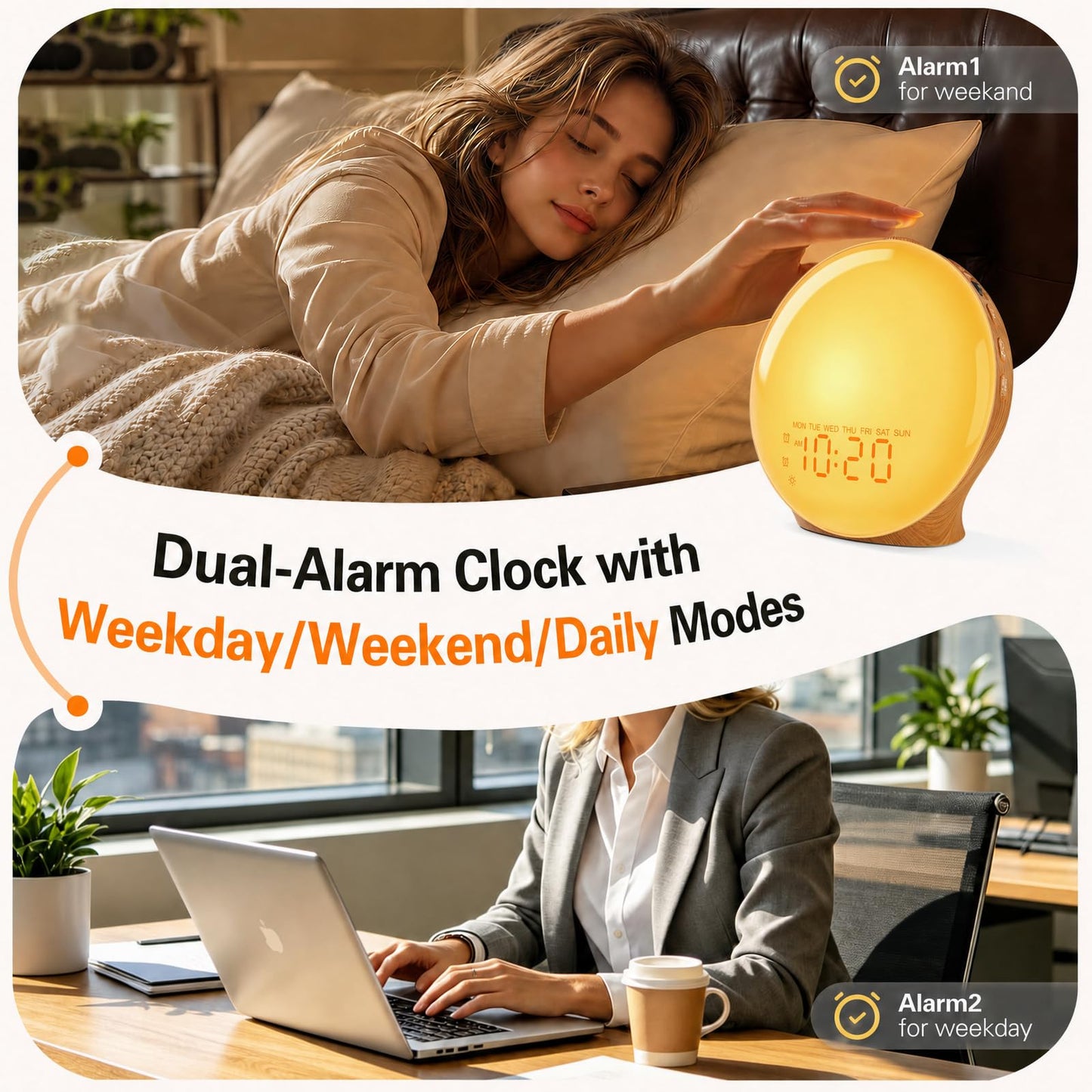 JALL Full-Screen Wake Up Light Sunrise Alarm Clocks for Bedrooms, White Noise Machine for Heavy Sleepers & Kids, 25 Natural Sounds, Dual Alarms, FM Radio, 17 Dimmable Colors, Bluetooth Speaker