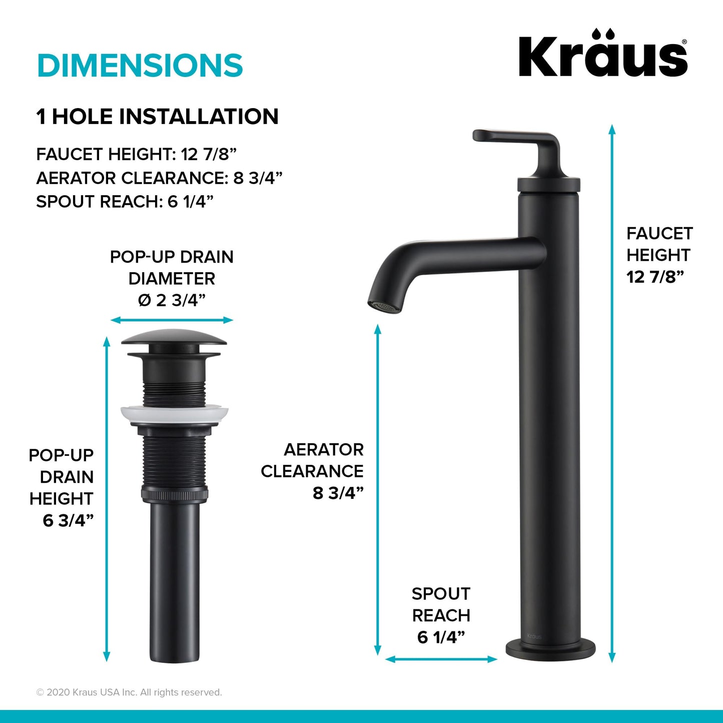 KRAUS Ramus Single Handle Vessel Sink Bathroom Faucet with Pop-Up Drain in Matte Black, KVF-1220MB