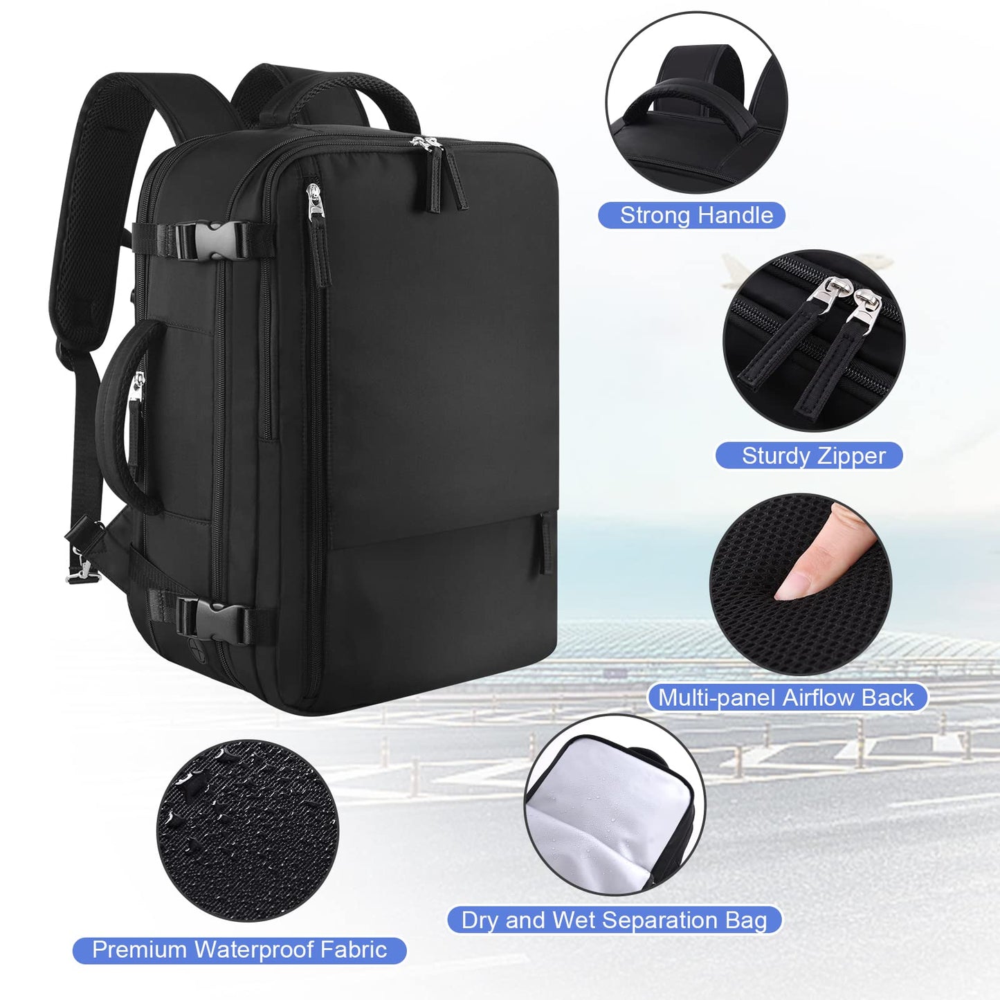 Sinaliy Large Travel Backpack for Women Men, Expandable 40L Carry On Backpack, 17 Inch Laptop Backpack College Bookbag, Waterproof Travel bag as Person Item Flight Approved