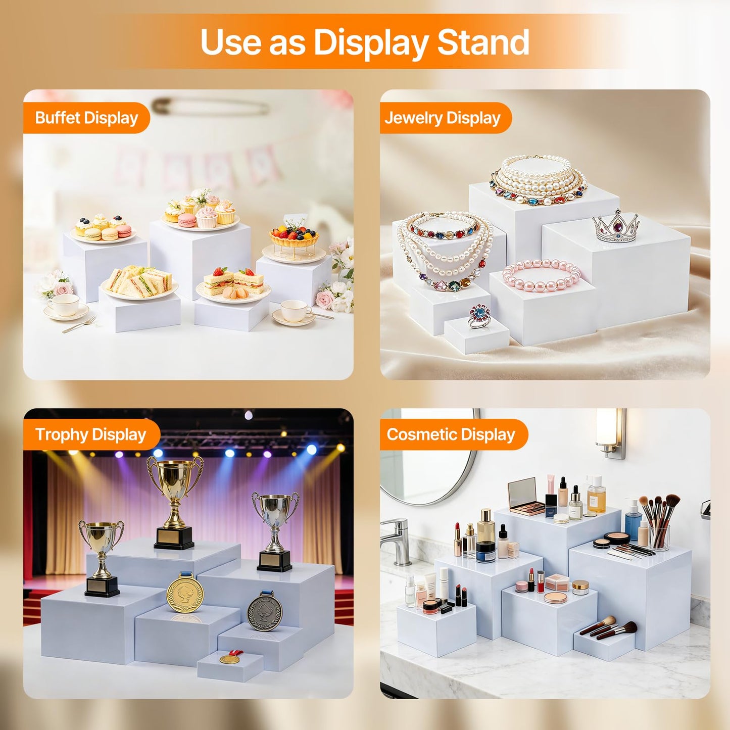 Nestable Buffet Risers - 6 Pcs White Acrylic Food Risers with Signs & Markers – Sturdy Dessert Table Display Stands for Parties, Catering, Jewelry & Collectibles (Easy-Store Stackable Cubes: 8", 7", 6", 5", 4", 3")