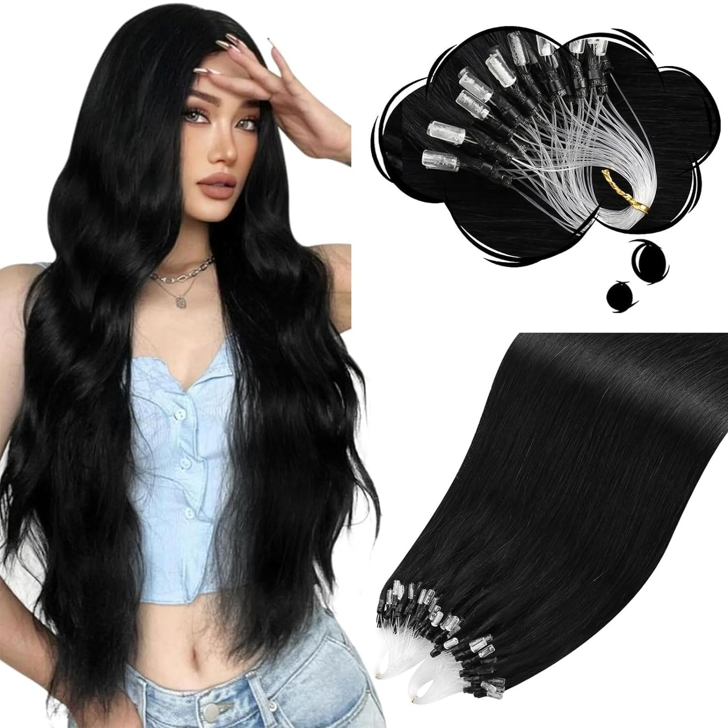 Moresoo Microlink Hair Extensions Human Hair Jet Black Micro Bead Hair Extensions Real Human Hair Black Micro Link Hair Extensions Micro Loop Hair Extensions Real Human Hair Black #1 50G/50S 24Inch
