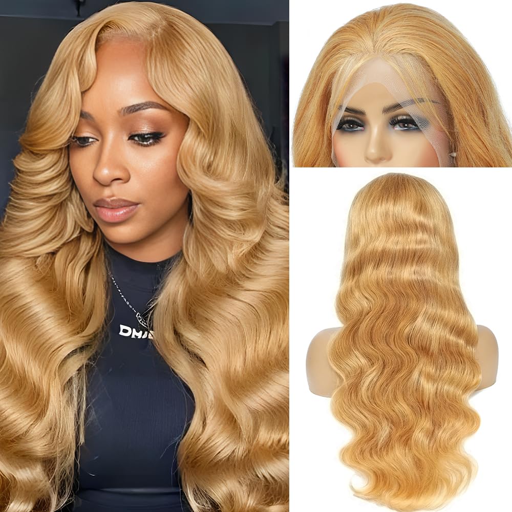Honey Blonde HD Lace Front Wig Human Hair Pre Plucked Body Wave Honey Blonde Wig Human Hair 200% Density Lace Frontal Wigs Colored 27# 28 Inch