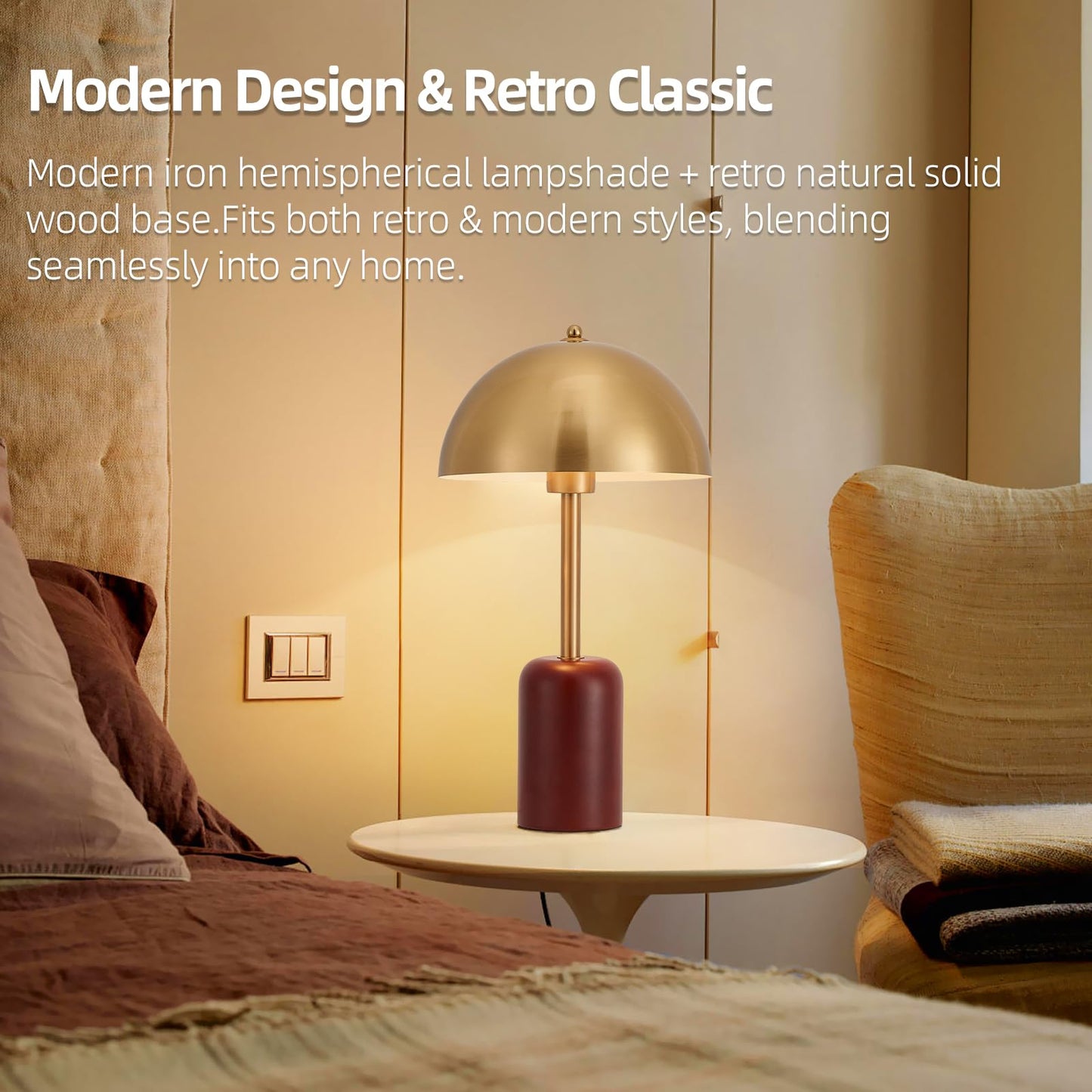 NUSRAN Bedside Table Lamp for Bedroom, Modern Plug in Brass Gold Shade & Cylindrical Wood Base Desk Lamp, Plug & Play Nightstand Lamp with Switch Power Cord for Living Room, Office 【Bulb Included】