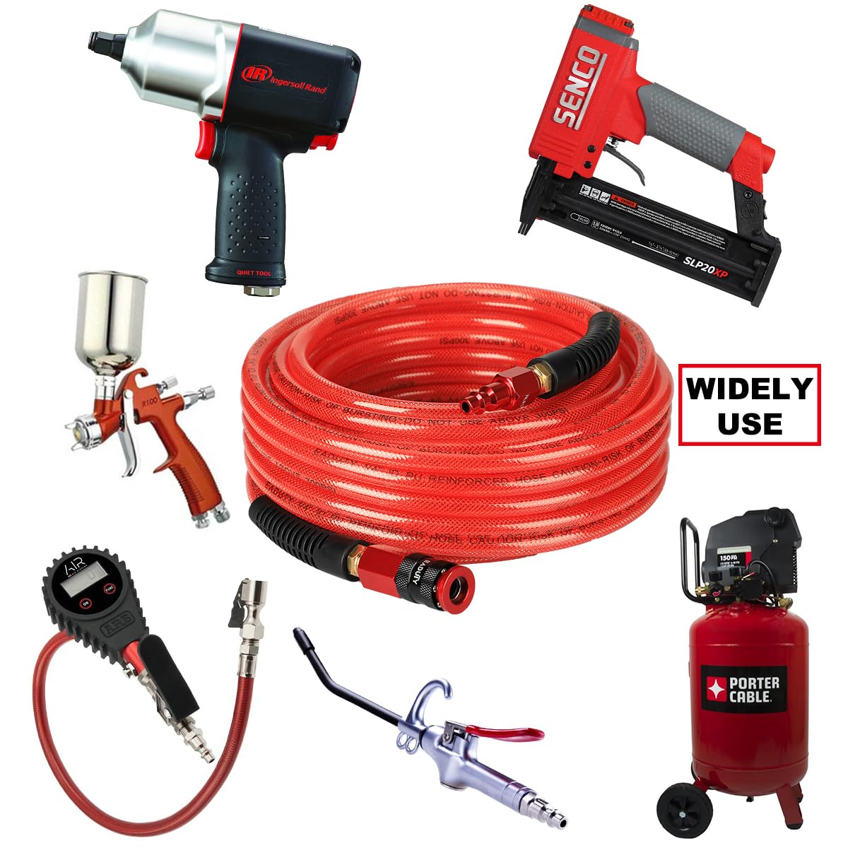 EADUTY Heavy Duty Reinforced Polyurethane Air Hose 1/4 in x 100 ft, Lightweight, Flexible Compressor Hose with Universal Quick Coupler, Plug and Bend Restrictors, Red