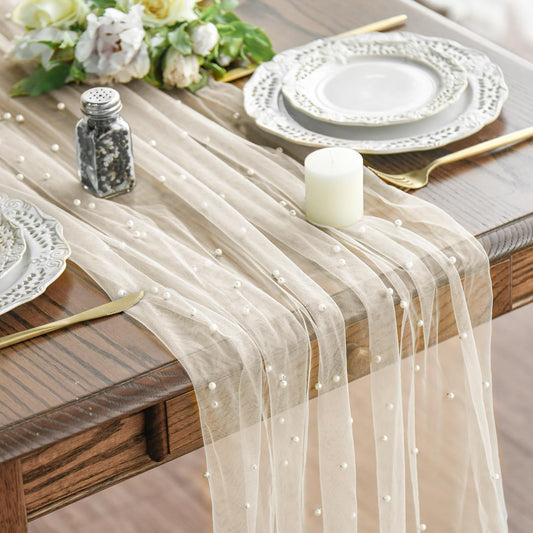 Artoid Mode 10PCS Pearl Beige Gauze Table Runner 120 Inch 10FT, Seasonal Sheer Dining Holiday Wedding Birthday Baby Shower Table Decor for Home Party