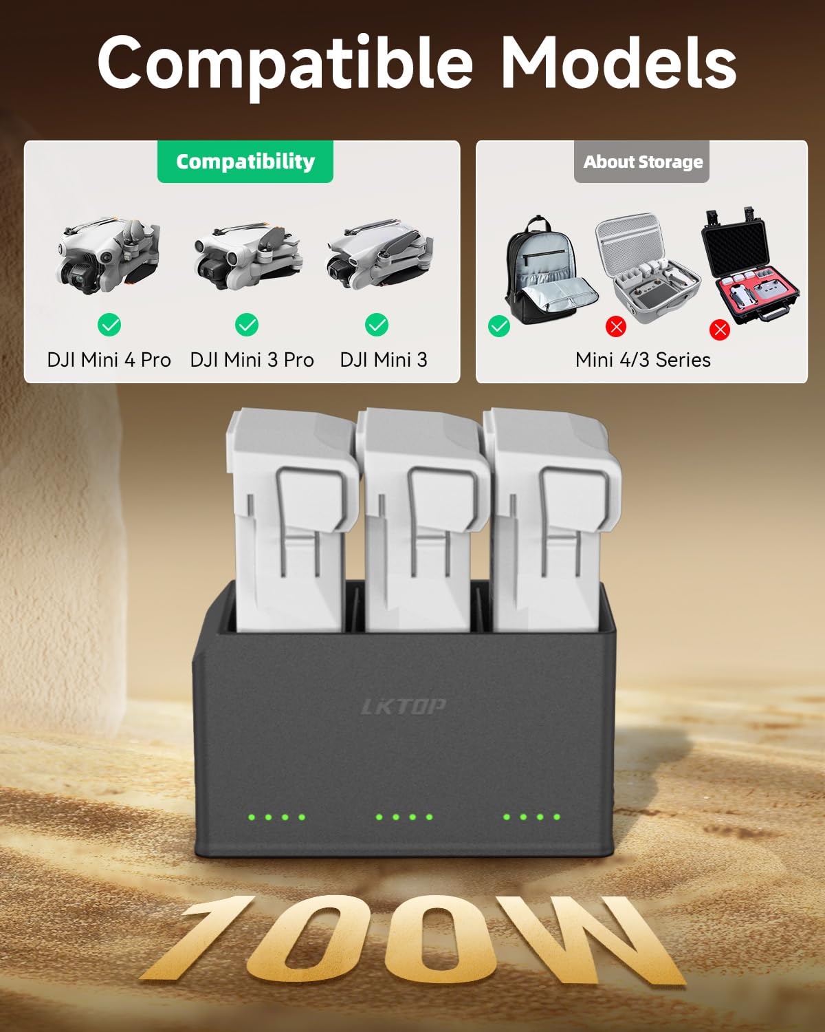 LKTOP 100W Mini 4 Pro/Mini 3 Series Battery Charging Hub (3X Fast Charging) for DJI Mini4 Pro/3 Pro/3 Drone Accessories Charger with Storage LED Lights Alarm Mode (Charge 3 Batteries Simultaneously)