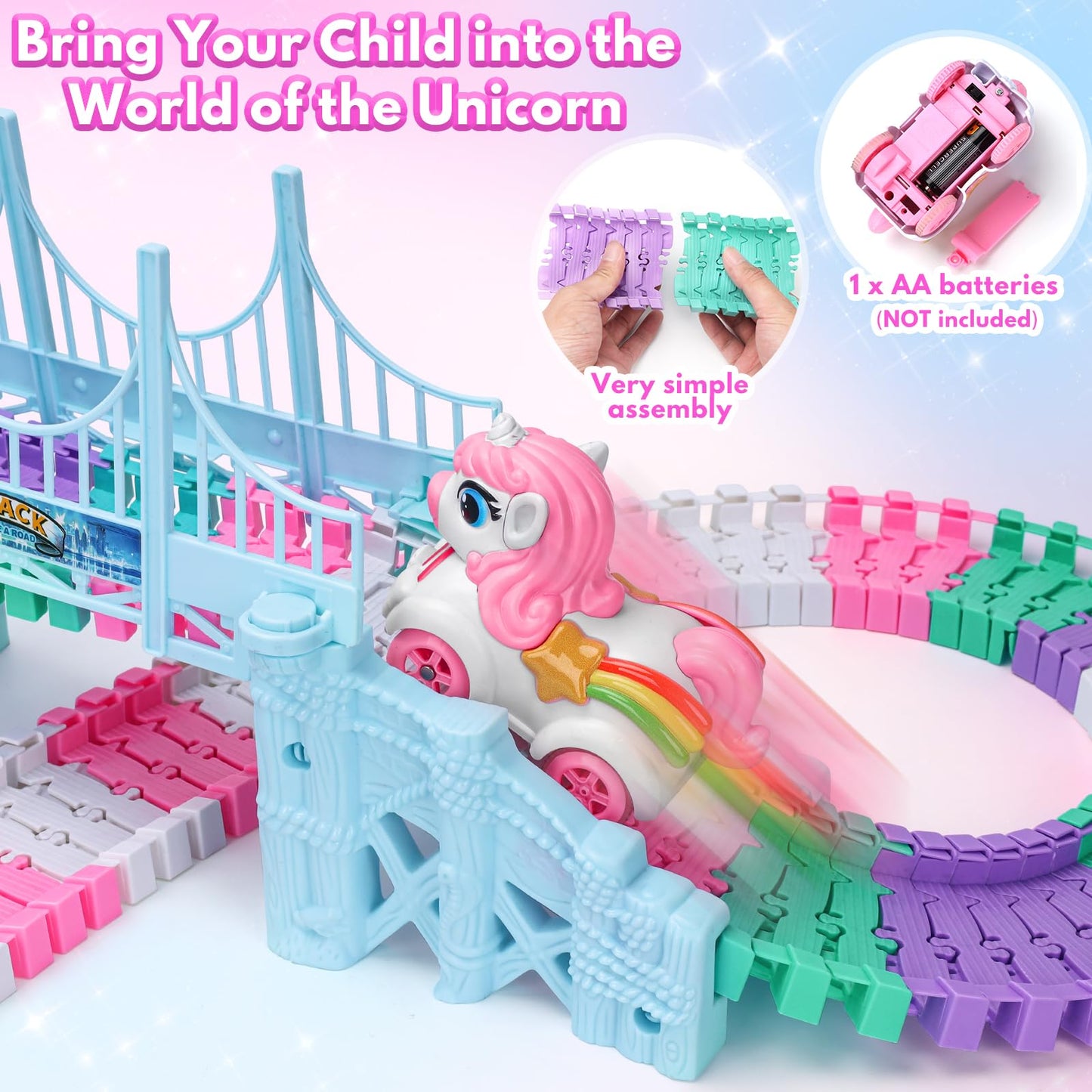 Kids Toys for 3 4 5 Year Old Girls Gifts: 194PCS Unicorn & Shark Flexible Race Track Set | Toy Car Track for Toddler Girl Toys Age 3-6 | Race Track for 5 Year Old Girl Birthday Gift Ideas