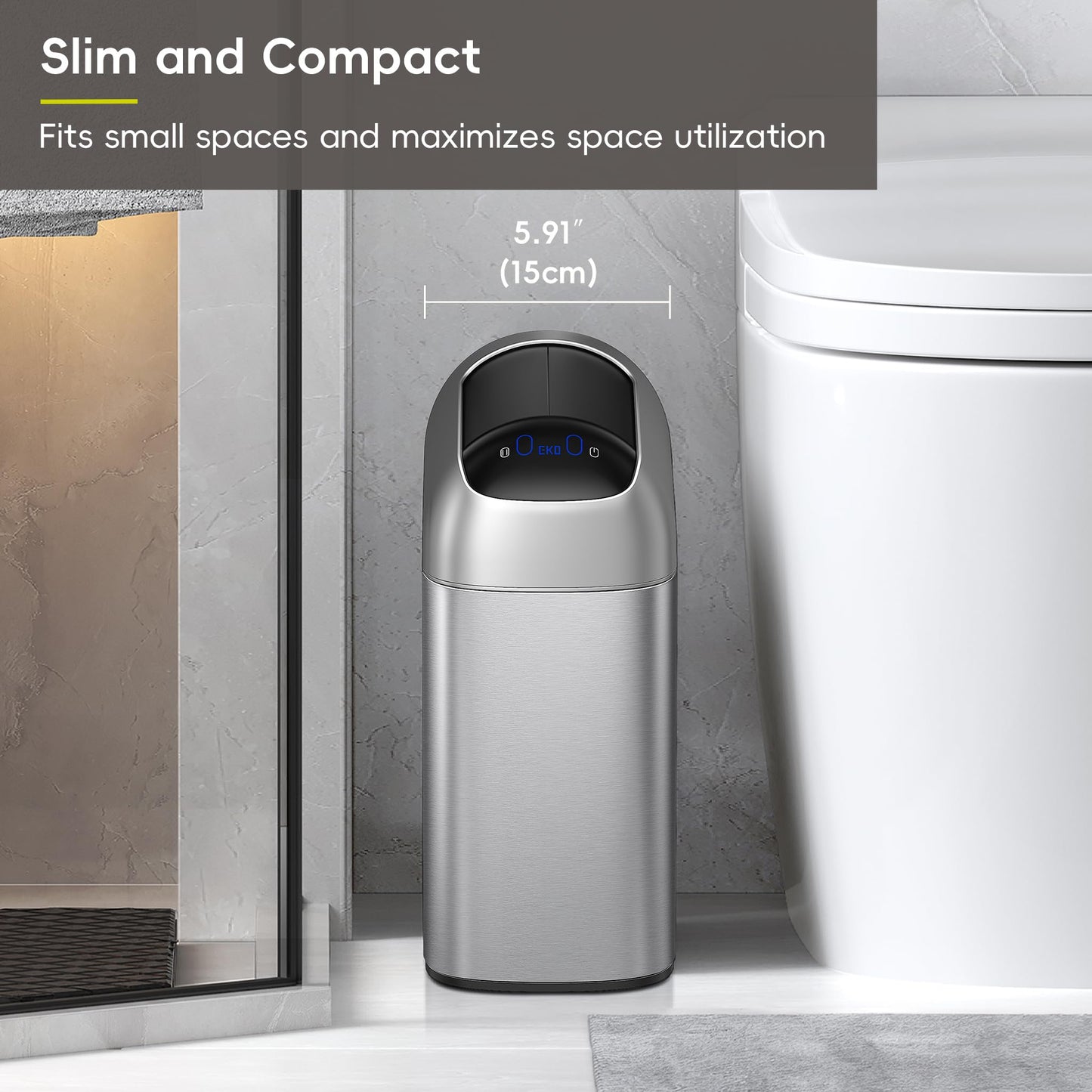 EKO Astro Slim Sensor Trash Can, 10L / 2.6 Gallon Touchless Garbage Bin with Soft-Close Retractable Wing Lid, Motion Sensor Stainless Steel Trash Can for Bathroom, Kitchen and Office, Waterproof