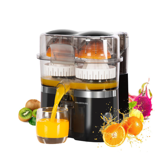 Amzpass Dual-Head Electric Citrus Juicer, Lemon Squeezer with Power Cord and Cleaning Brush, 1-Button Automatic Juicer Machine for Orange, Lemon, Lime, Easy to Clean & Use, Built-in Cutter(Black)