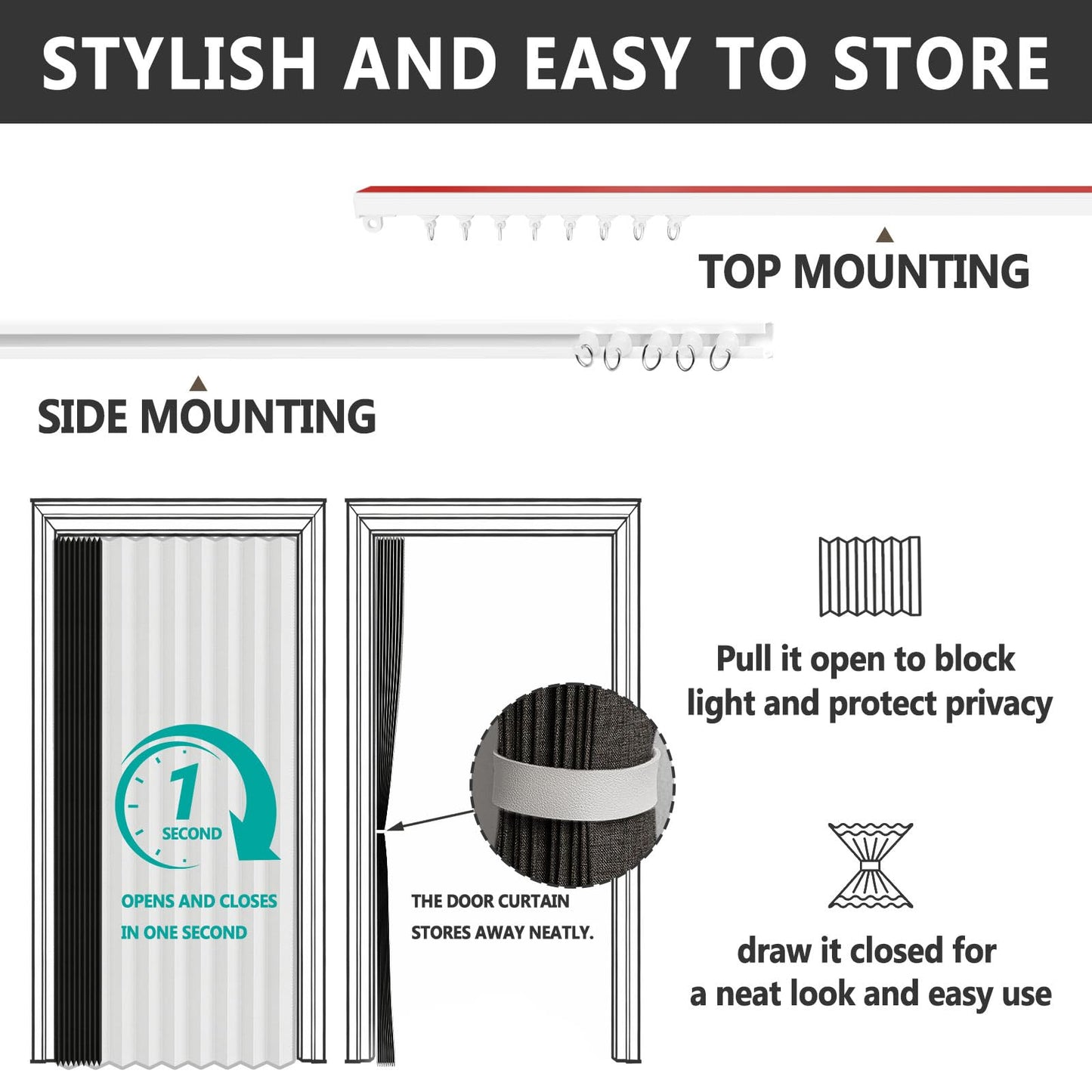 Jilron Accordian Door Curtain,Install Adhesive Track 100% Blackout Doorway Curtains,Suitable for Bedroom,Closet,Interior Room Divider,Black 43" W×78" L,1 Piece