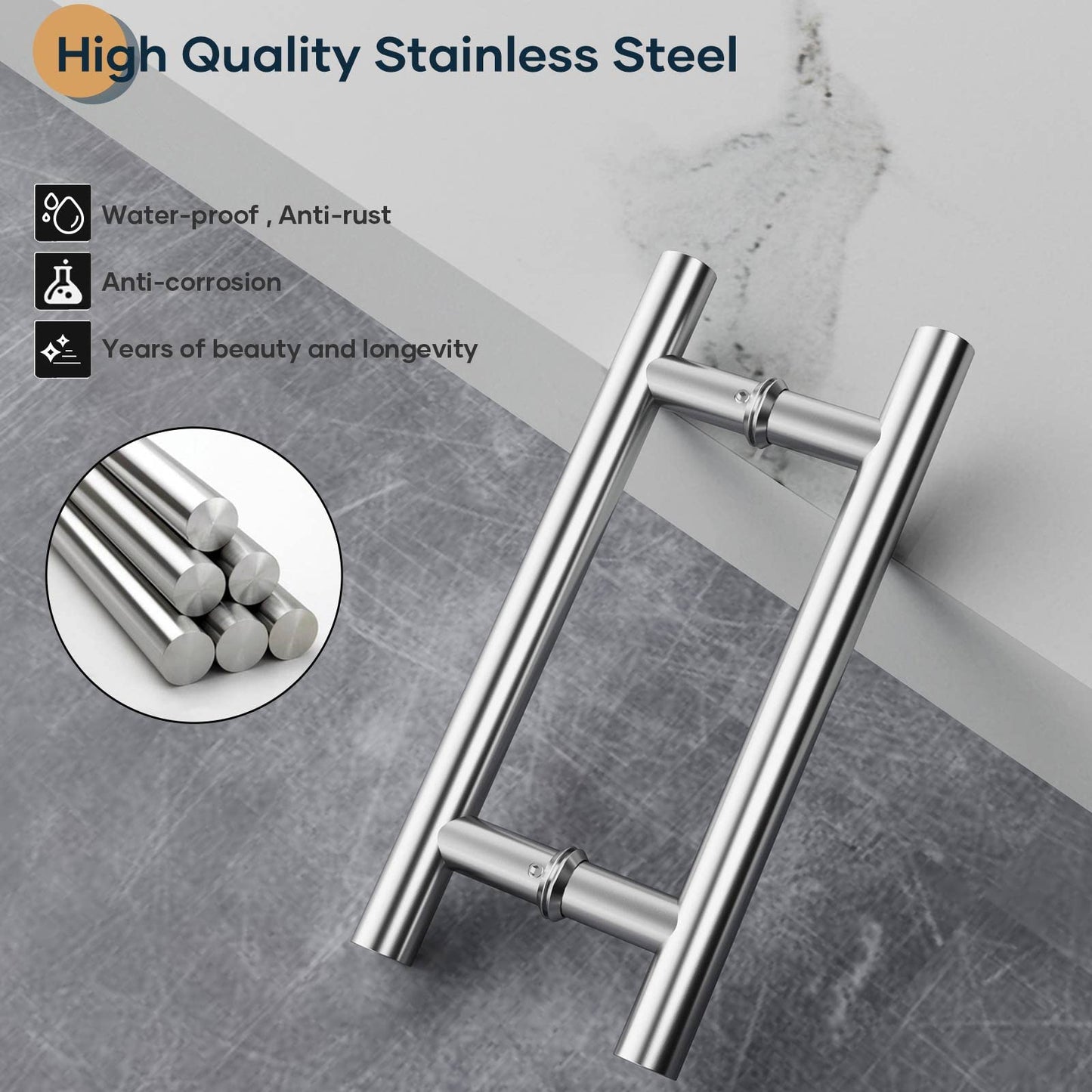 EaseLife 12" Stainless Steel Double Sided Push Pull Door Handle, H Shape Sliding Door Handle, Brushed, Fit for Glass Door Wooden Door, 2 Pack