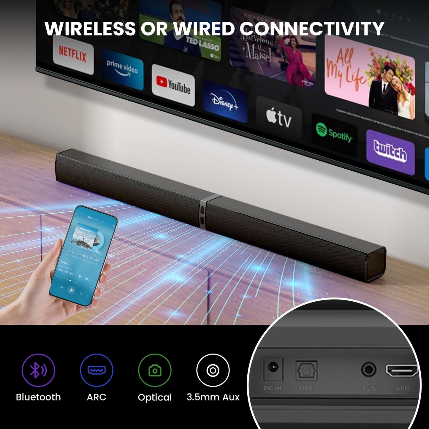 MZEIBO Sound Bar for Smart TV，80W Detachable Bluetooth Soundbar with Powerful Bass, 2-in-1 Home Theater Audio System, ARC/Optical/AUX Connectivity for TV/PC/Laptop/Game Console