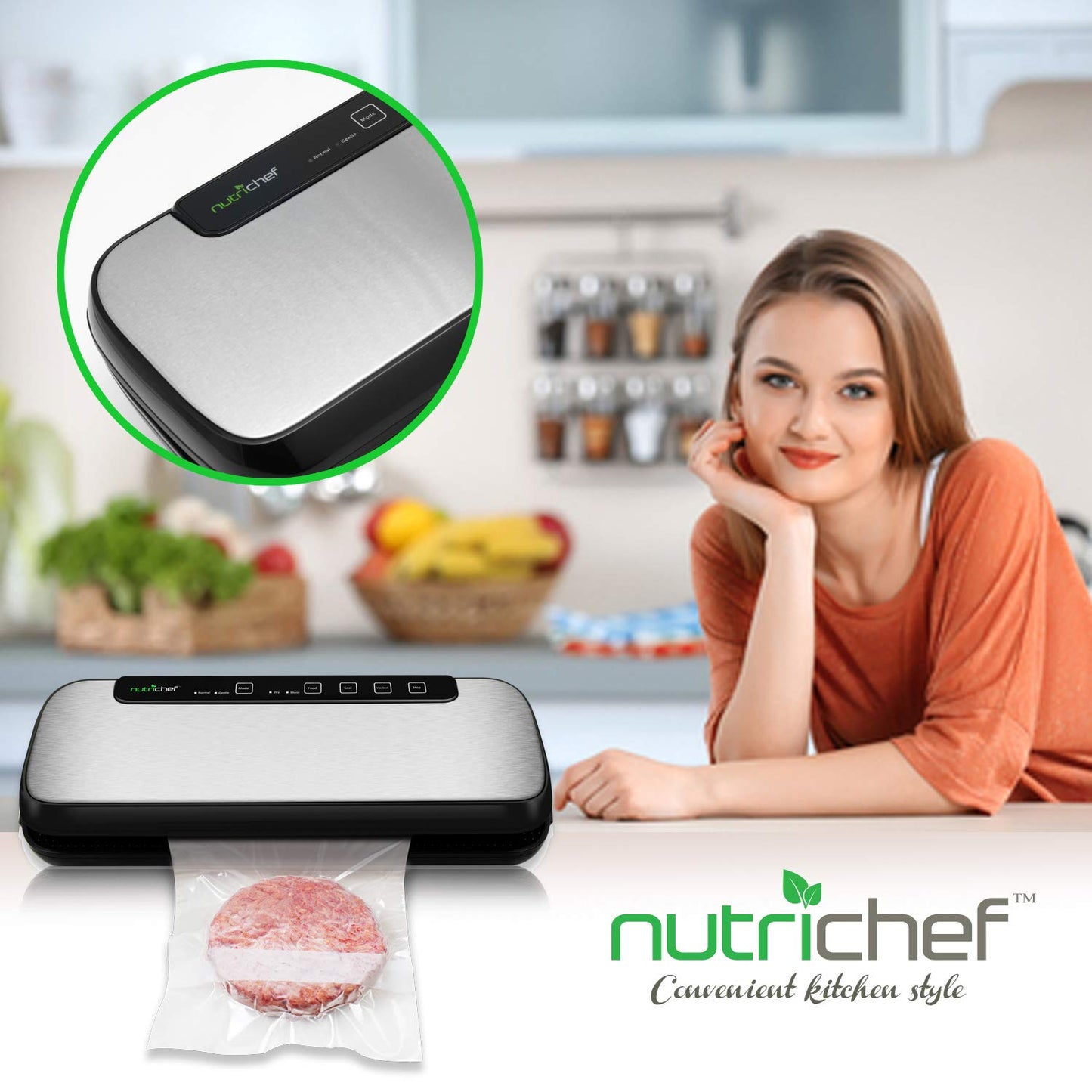 NutriChef Stainless Steel Vacuum Sealer For Food - High-Power Machine with Adjustable Suction, Dry & Moist Modes, LED Lights, Bags, Wine Stopper & Hose, Easy Plug-in Design, Lab-Tested Food Storage