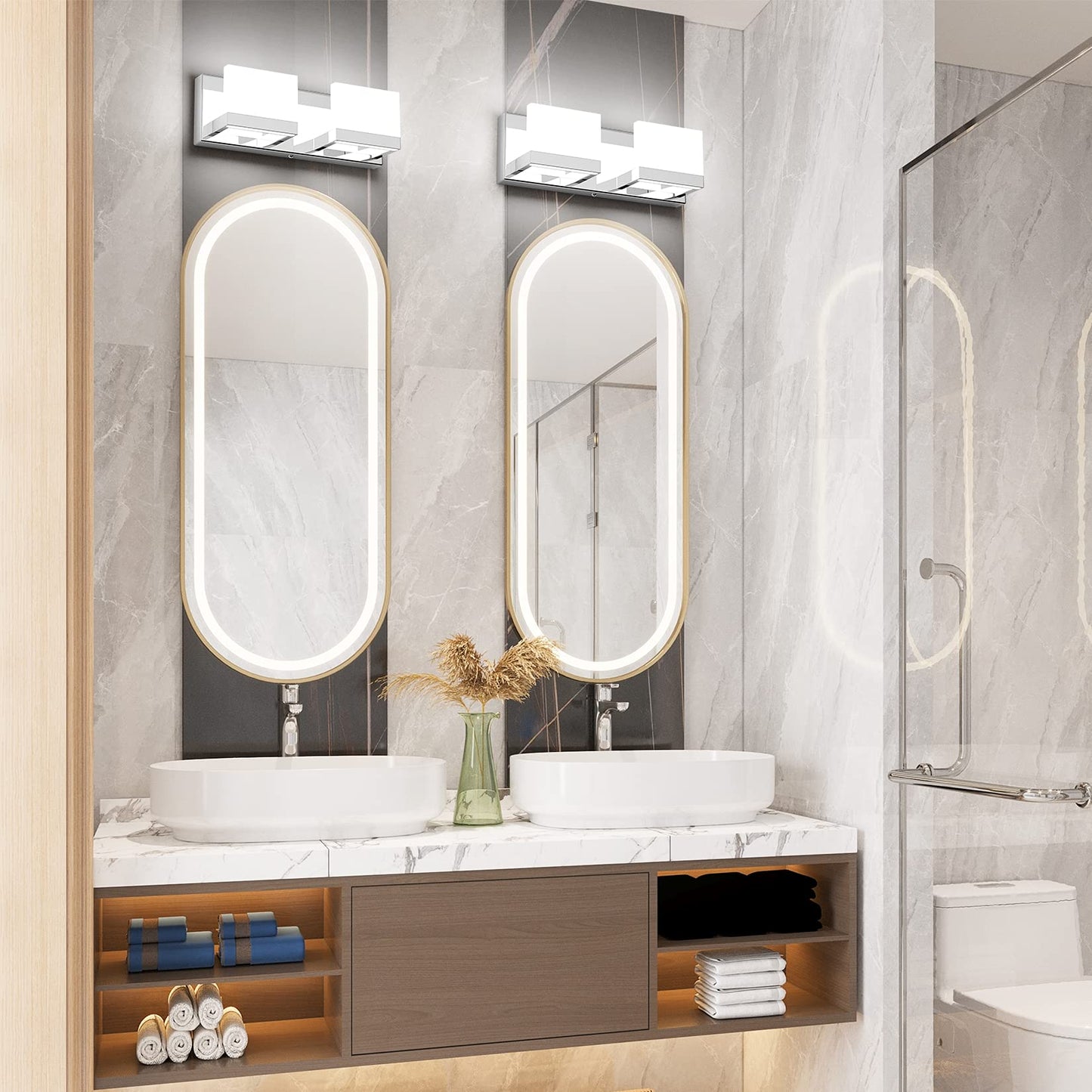 Tipace 2 Lights Modern Chrome LED Vanity Light for Bathroom Wall Light Up and Down LED Bathroom Light Fixtures Over Mirror(White Light 6000K)
