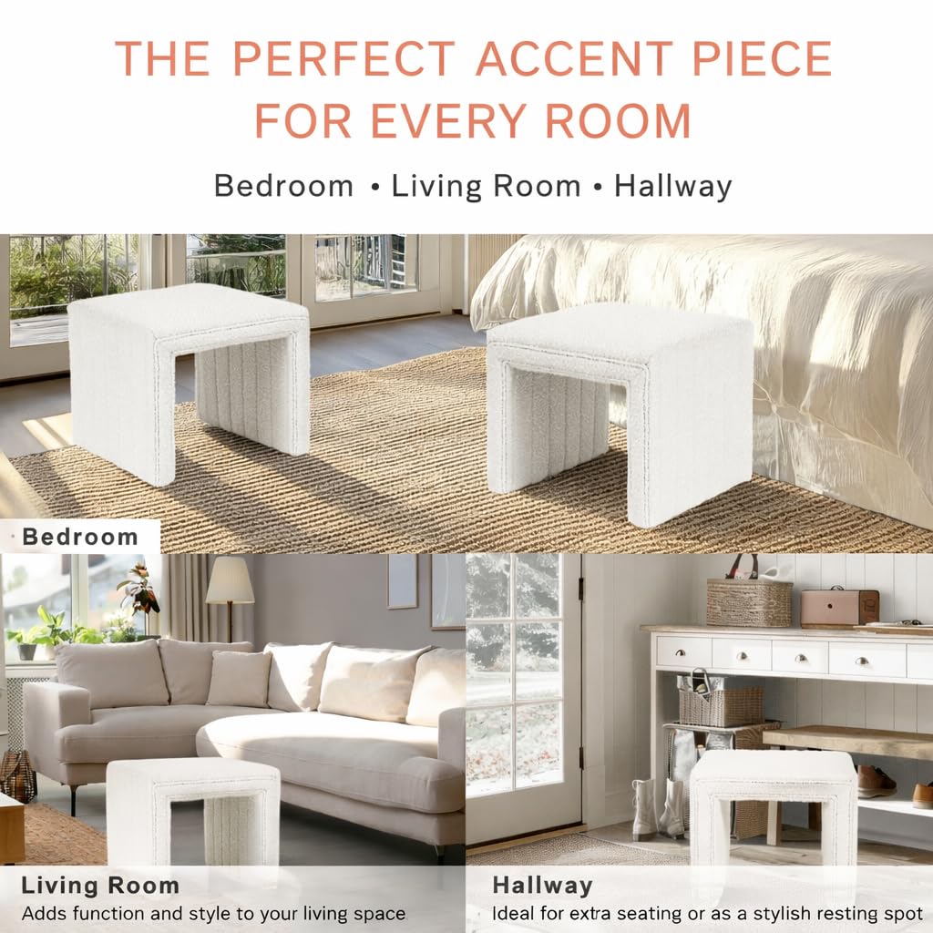 HomePop Modern Channel Tufted Ottoman|Homepop Home Décor|Ottoman for Living Room & Bedroom - Cream Boucle