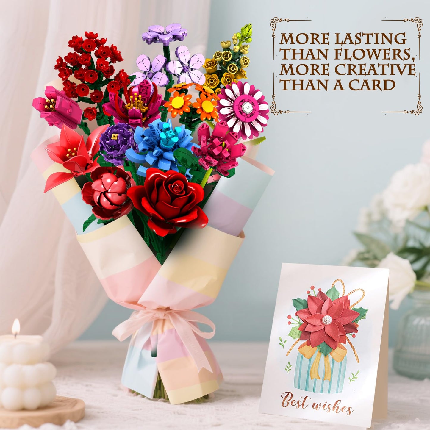 Linkowin Flower Bouquet Building Set,1316PCS Creative DIY Plant Bouquet Decoration,14 Artificial Flowers Botanical for Adults Women Girls Ages 6+,Idea Gifts for Mother's Day, Birthdays, No Vase