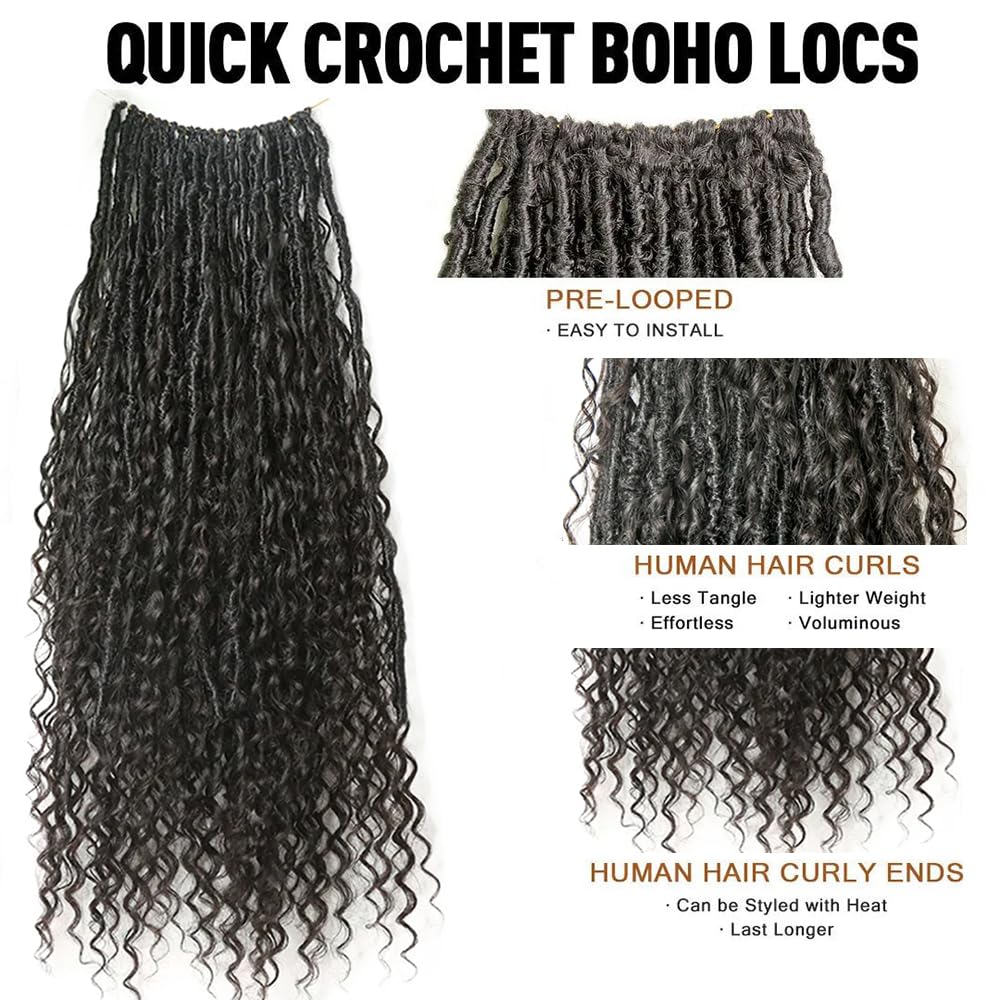 Crochet Boho Faux Locs with Human Hair Curls Pre-looped Goddess Crochet Locs Curly Ends Human Hair Soft Dreadlocks Braiding Hair for Black Women Natural Color 22Inch 24Locs