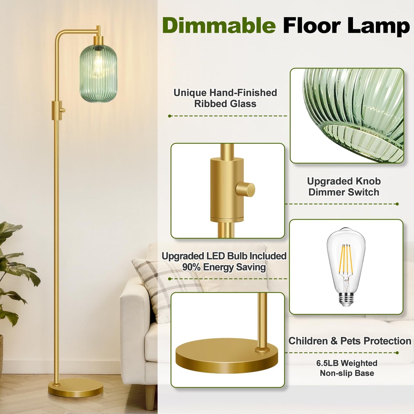 【Upgraded】 Dimmable Glass Floor Lamp for Living Room, Modern Gold Standing Lamp with Green Ribbed Glass Lampshade & Knob Dimmer, Arc Tall Lamp for Bedroom Office Reading Room, 2700K Led Bulb Included