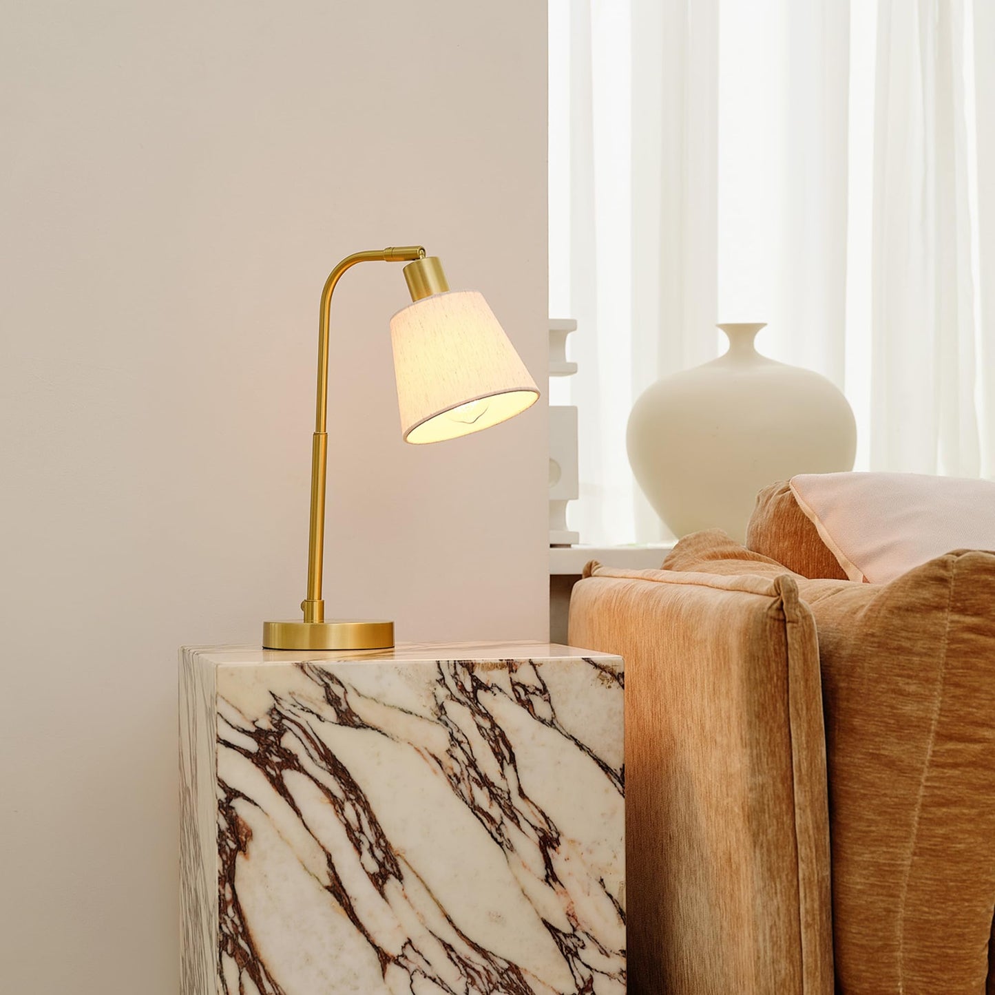 Globe Electric 61000057 16" Desk Lamp, Matte Brass Finish, White Shade, Adjustable Pivot Joint, Rotary Switch on Socket, Modern Lighting for Bedroom or Office, Indoor Lights, E26 Base