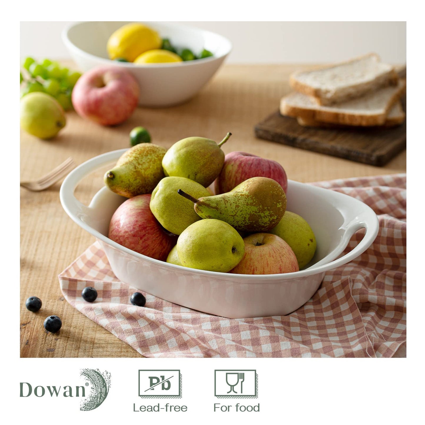 DOWAN Large Serving Bowls with Handles, 2 Quarts Oval Serving Platter for Turkey, Fruit Salad Serving Dishes for Entertaining, Porcelain Pasta Bowls for Mother's Day, Parties, Set of 2, White