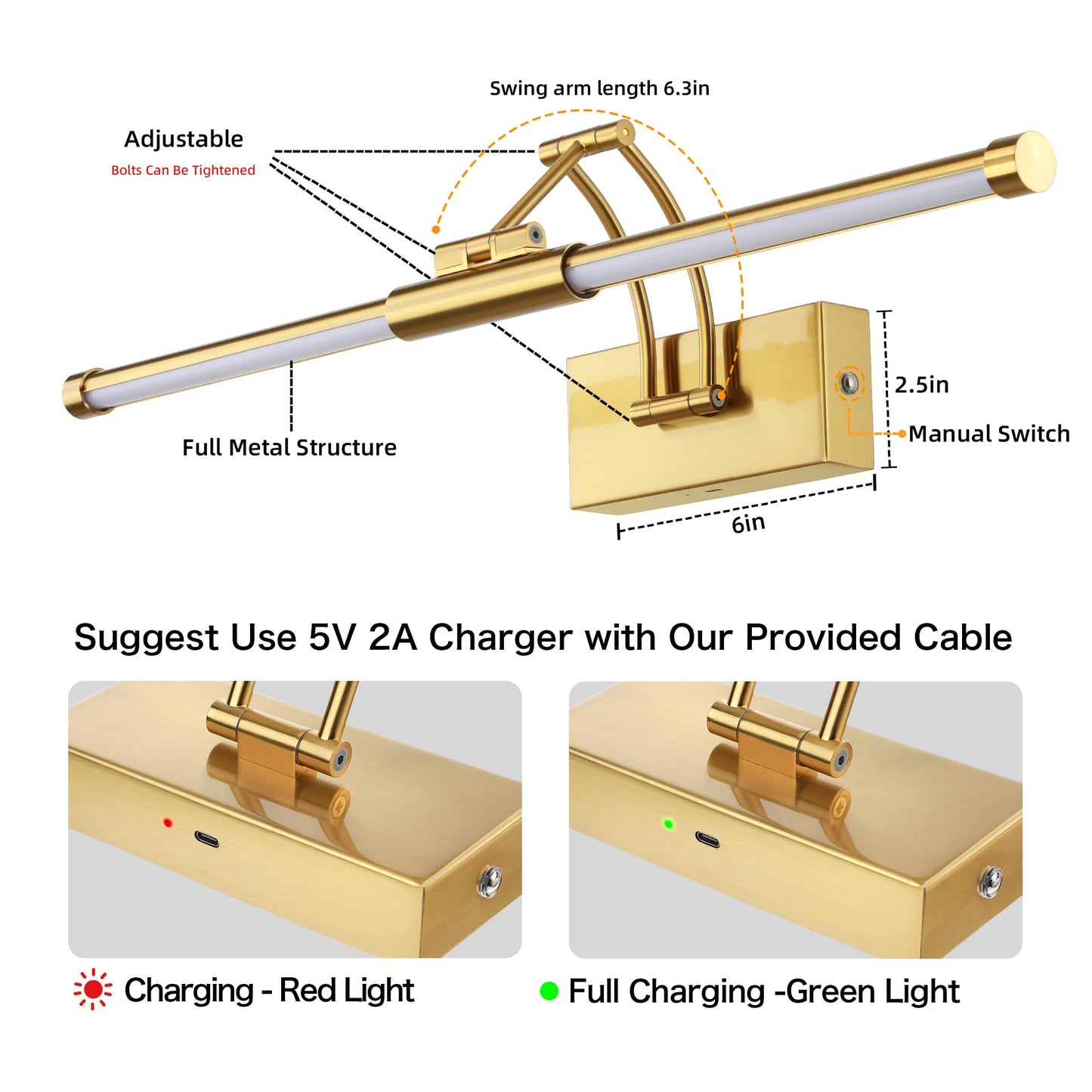 Neymlya 24“ Picture Lights for Wall, 8000mAh Rechargeable Wireless Picture Light with Remote, LED Wall Lights 3000K/4000K/6000K Dimmable, Art Lighting for Paintings Frame Gallery Dartboard, Brass