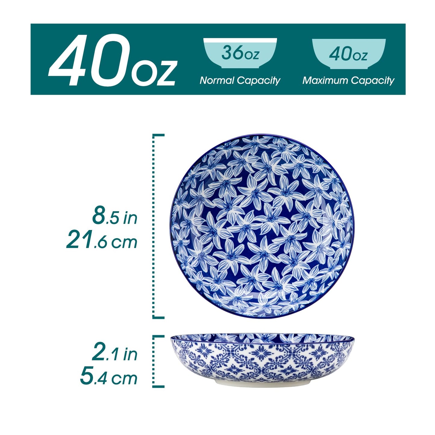 vancasso Selene 8.5" Pasta Bowls Set of 6, 40 oz Porcelain Shallow Salad Bowls, Serving Bowls Large Kitchen Bowl Plates Pasta Plates, Blue & White Floral Design, Microwave Safe