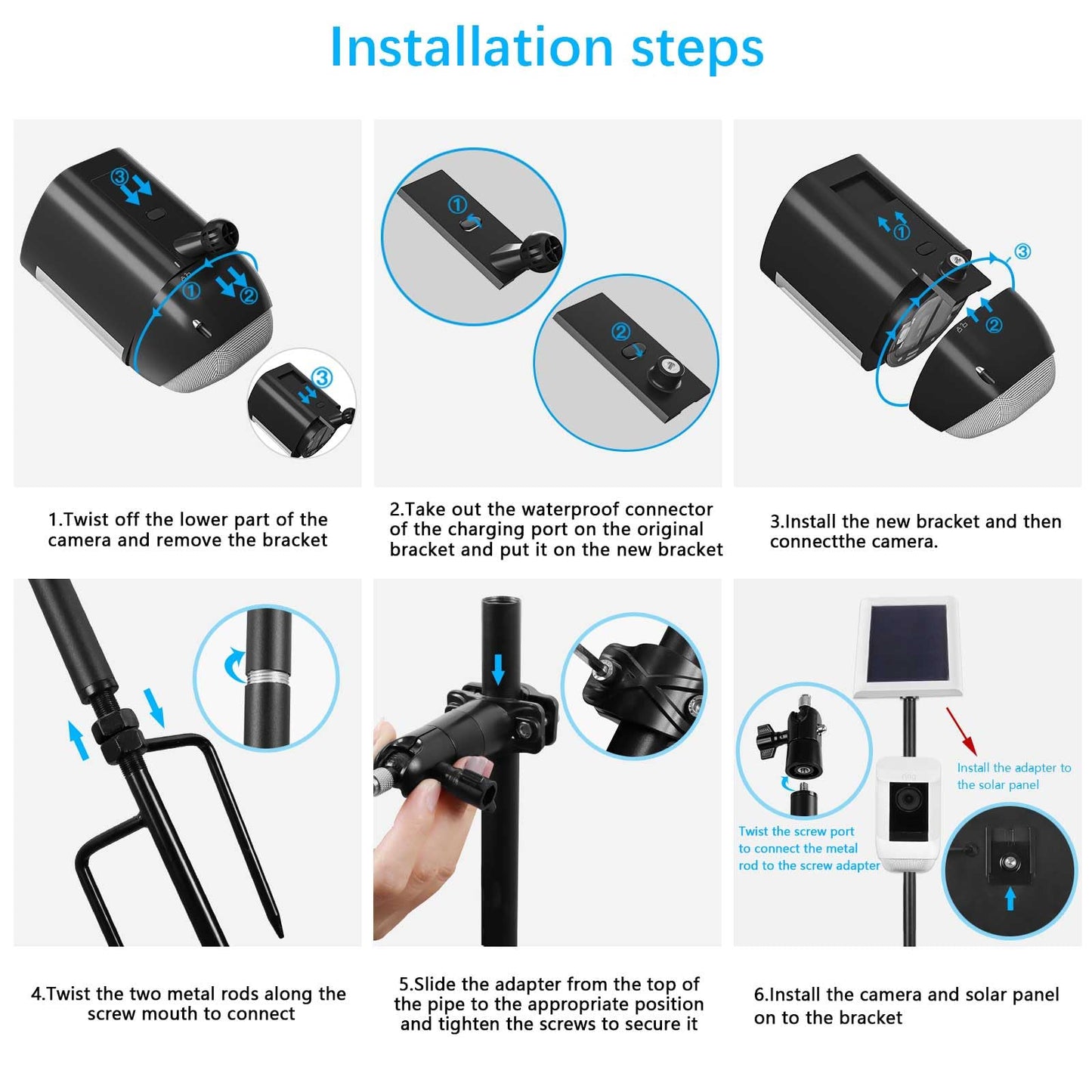 Koroao 31.49 or 47.24 inch Ground Stake Mount Stand with Solar Panel Mount for Ring, Blink, Arlo, Eufy, Wyze, Google Nest, Simplisafe Cameras and Solar Panels Ground Stake Bracket（Black）