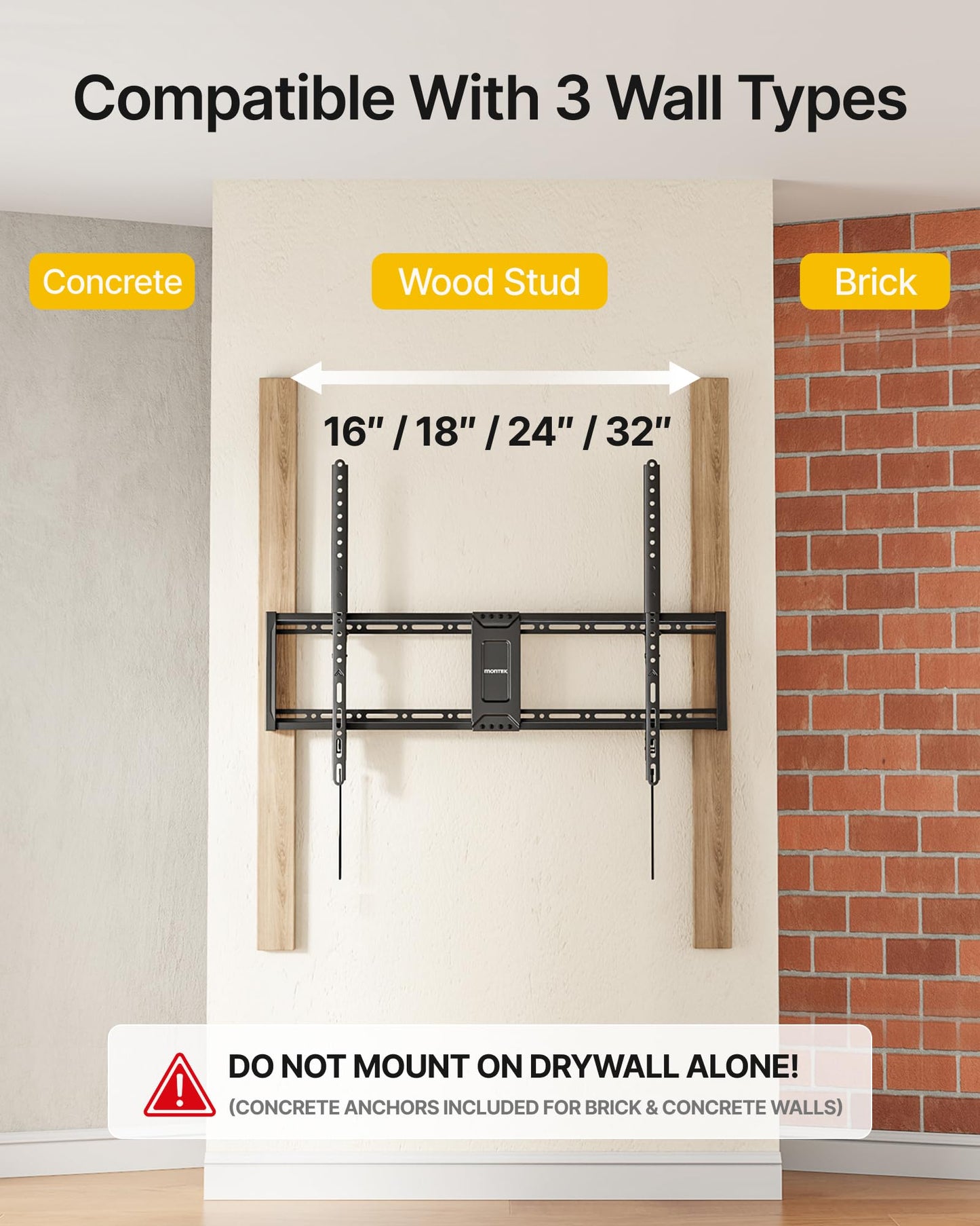 monTEK Heavy Duty Tilt TV Wall Mount for 43–100" Large Flat & Curved TVs, Holds 200 lbs, Ultra Slim Low Profile Bracket with 8° Tilt, Fits 16"/18"/24"/32" Wood Studs, Max VESA 800x600, 4× Load Tested