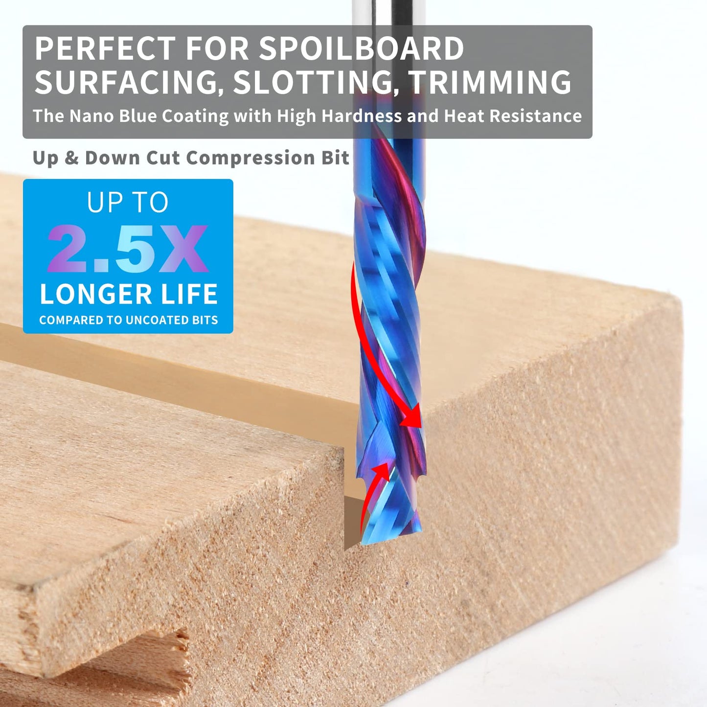 EANOSIC 5PCS Compression Spiral Router Bits 1/4" Shank,1-1/4" Cutting Length, Extra Long 3 Inch, Carbide UP Down Cut CNC Router Bits End Mill for Wood Mortises Carving Engraving