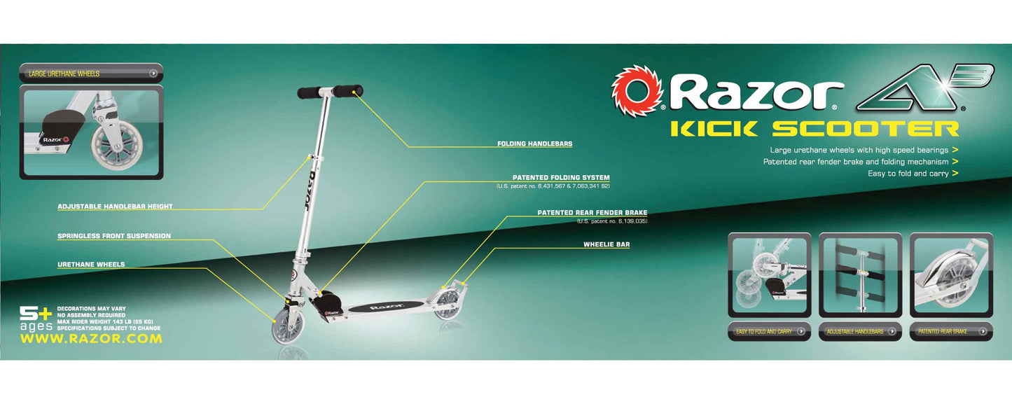Razor A3 Kick Scooter for Kids - Larger Wheels, Front Suspension, Wheelie Bar, Lightweight, Foldable, and Adjustable Handlebars