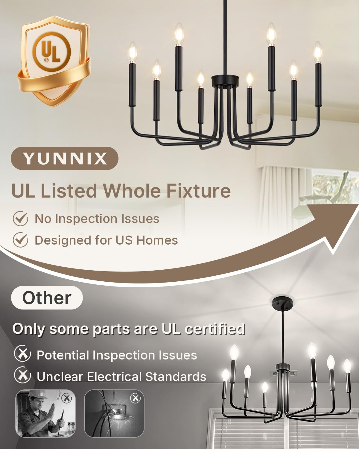 Yunnix 8 Light Black Chandelier, Farmhouse Chandelier for Dining Room Light Fixture Hanging, Industrial Modern Chandelier for Bedroom, Entryway, Foyer, Staircase, Kitchen and Living Room