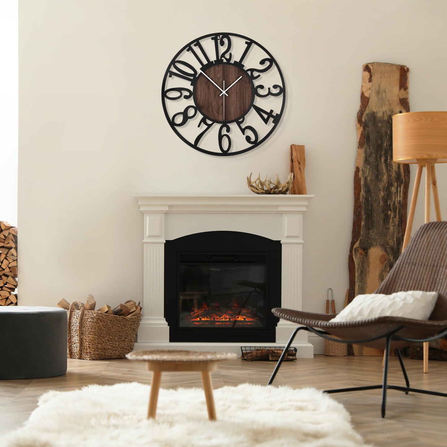 1st owned Large Wall Clock for Living Room Decor- 24" Decorative Antique Silent Non Ticking,Battery Operated,Black Metal,Wood Clocks for Farmhouse,Dining Room,Bedroom,Kitchen - Arabic Numerals