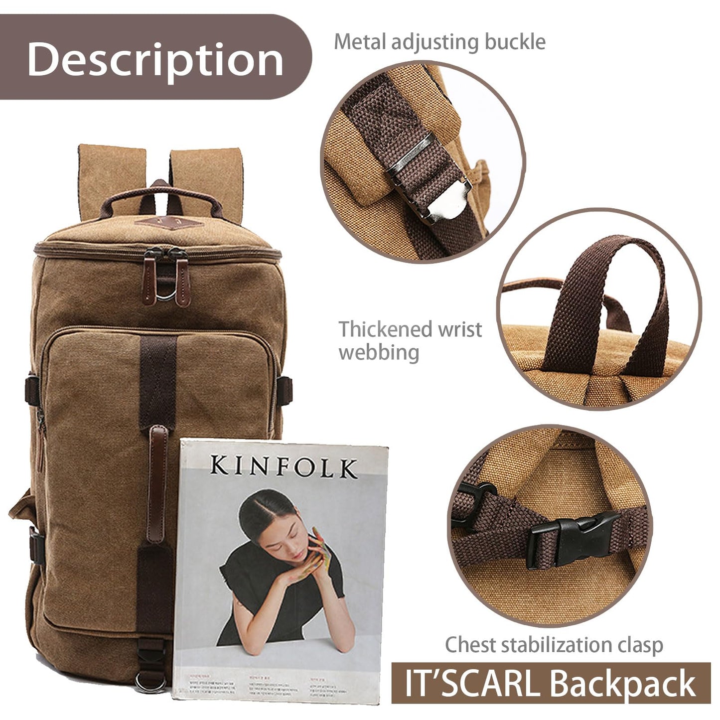 IT'SCARL Large backpack for men,Travel backpack,Carry on, Canvas big bag,Work back pack(khaki)