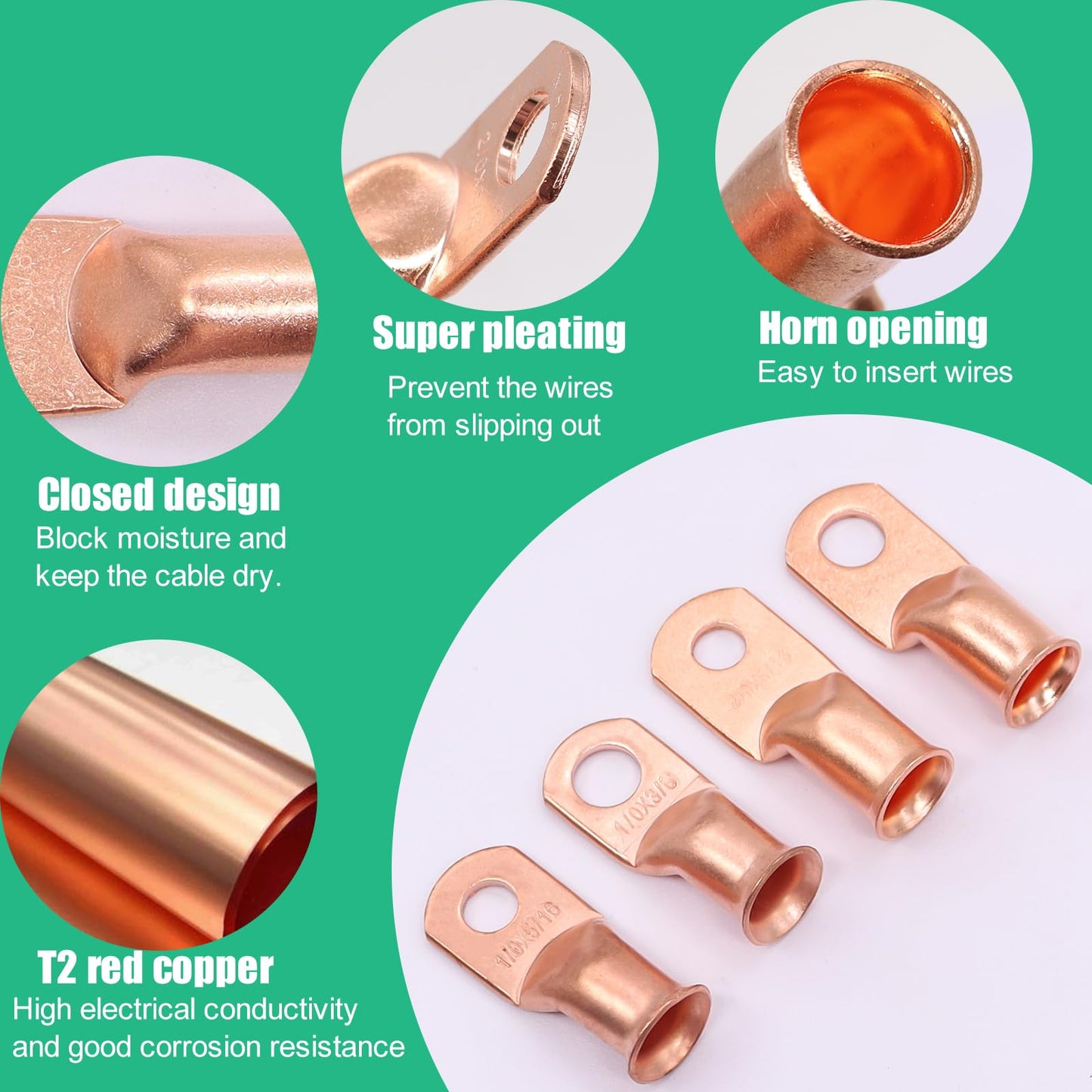 Twidec/230PCS Battery Cable Ends Kit AWG 8 6 4 2 1 1/0 2/0 Heavy Duty Copper Lugs Copper Cable Wire Lugs,Coppers Ring Terminals Connectors with Heat Shrink Tube N-099-230PCS