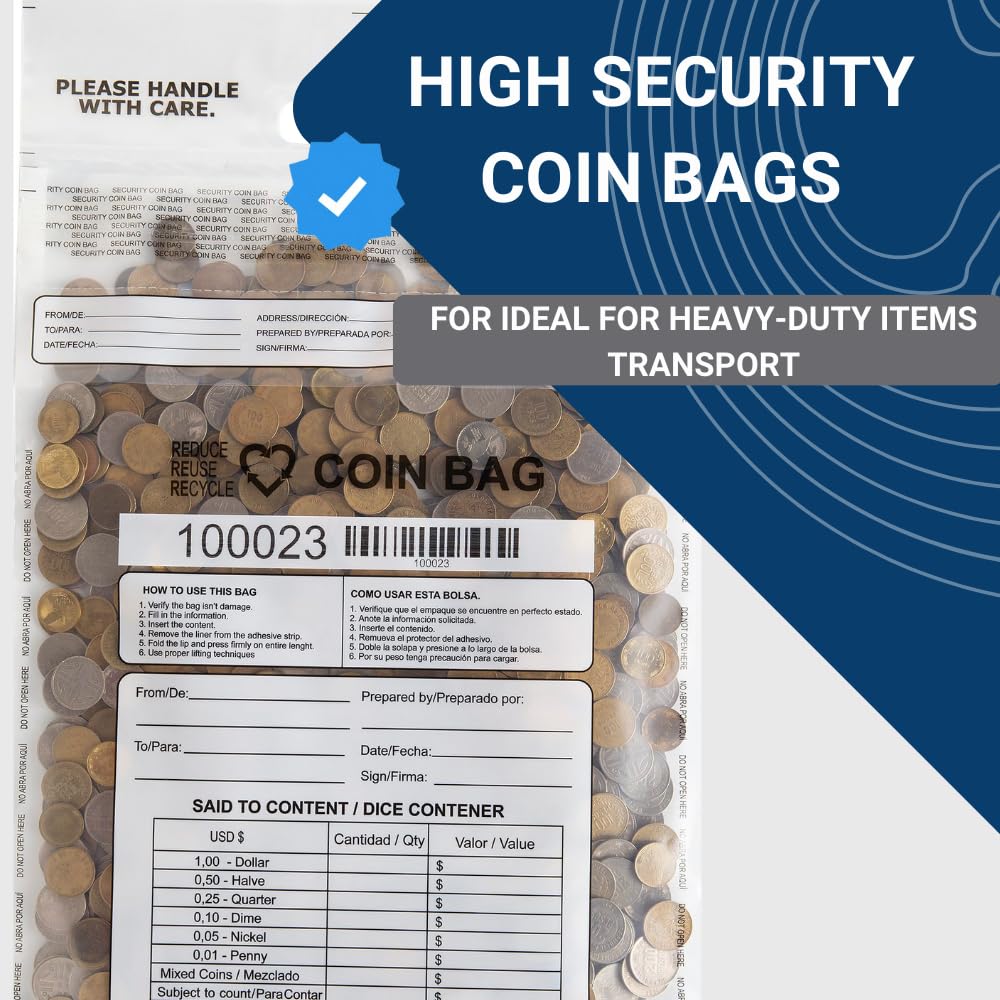 USPACKSMART Clear Plastic Coin Bag 12.5" x 21.5" | 50 lb. Capacity | Sequential Barcode Number, Self-Sealing, Permanent Adhesive | Ideal for Handling and Transport of Coins and Casino Chips | 50-Pack
