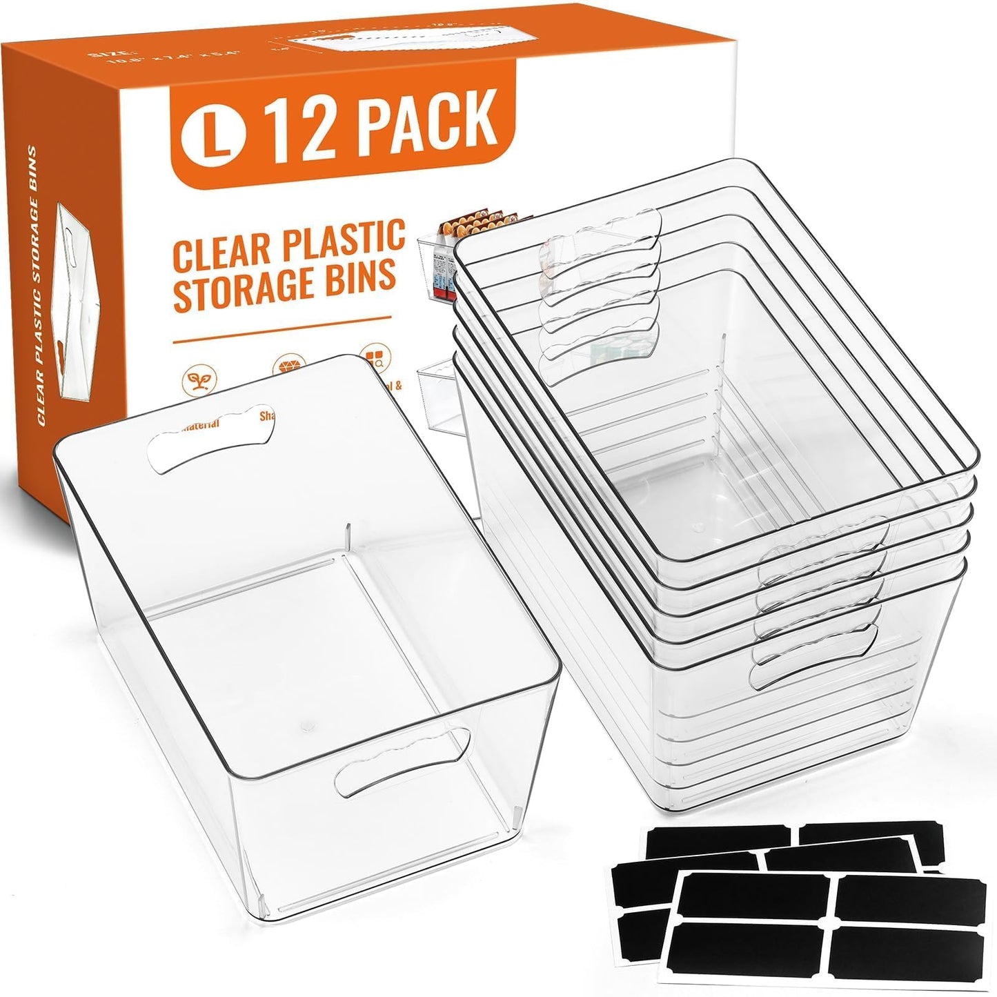 12 PACK LARGE Clear Storage Bins with Handles & Labels, Multiuse Plastic Pantry Organizer Bins for Home Kitchen, Fridge, Freezer, Cabinet, Closet, Bathroom, Shelf, Laundry, RV, Under Sink Organization