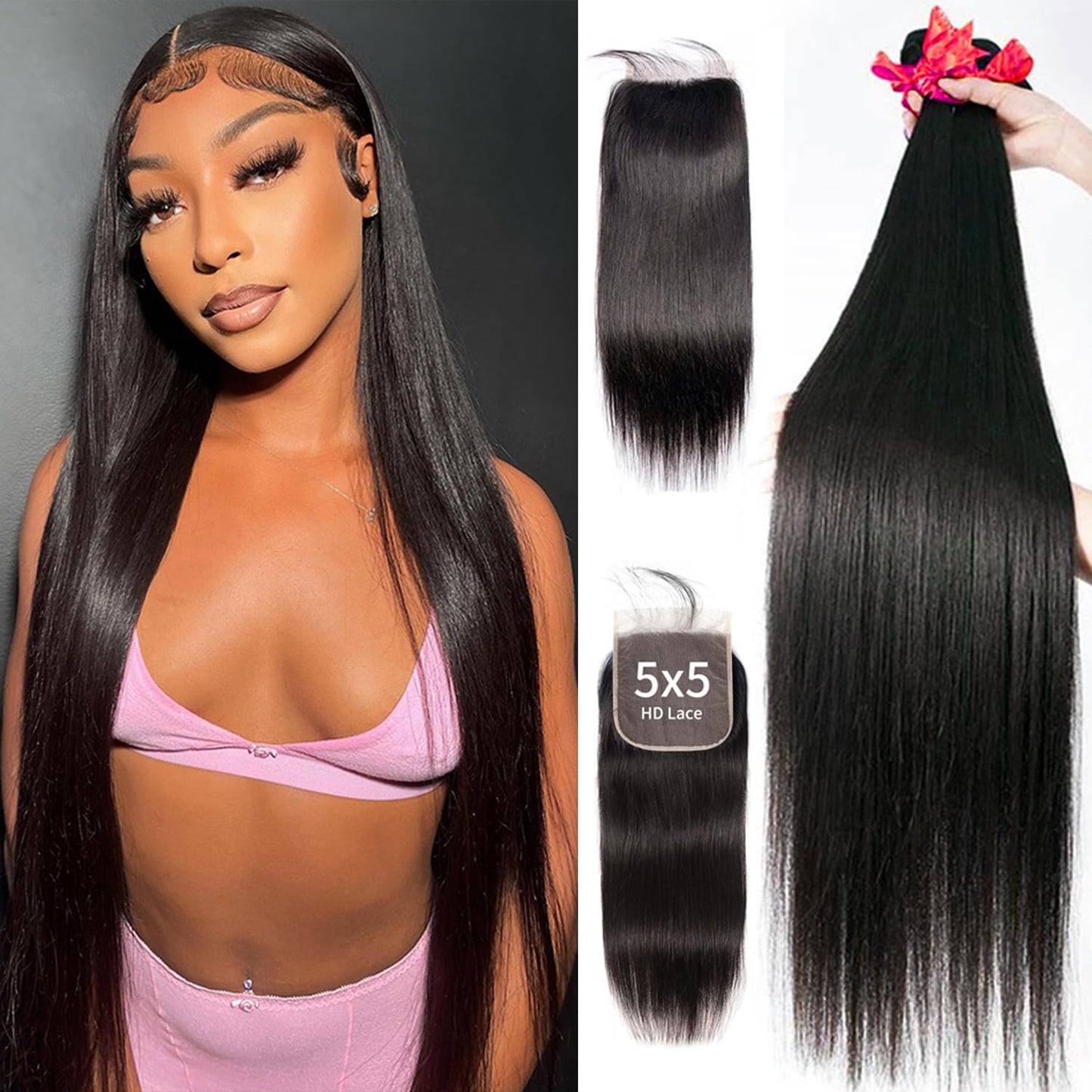 LXYANOO 12A Straight Bundles Human Hair with 5x5 Closure 18 20 22+16 Inch Brazilian Human Hair Bundles with Closure 100% Unprocessed Virgin Weave Bundles Human Hair with 5x5 HD Lace Closure