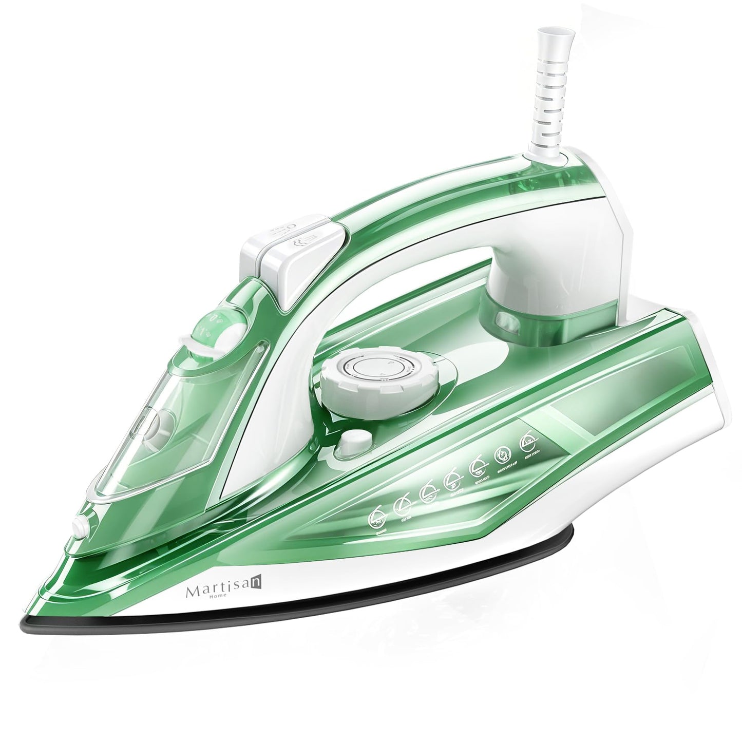 Martisan Steam Iron Lite, 1600W, 15s Fast Heat-up, Dual Layer Soleplates for Heat Reserve, Precise Adjustable Temp, Non-stick Ceramic Panel, Anto-off, Anti-drip, Anti-calc, Green