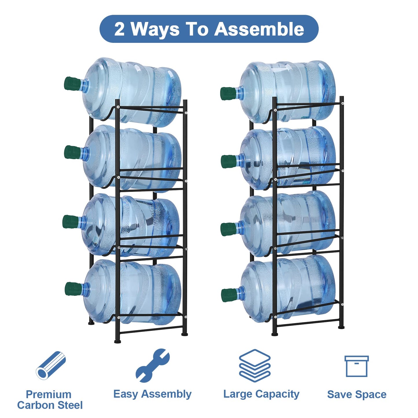 smusei 5 Gallon Water Bottle Jug Holder 4 Tier Heavy Duty Cooler Jug Storage Rack Detachable Bottle Organizer Shelf for Home, Kitchen, Office, Breakroom Space Save, Black